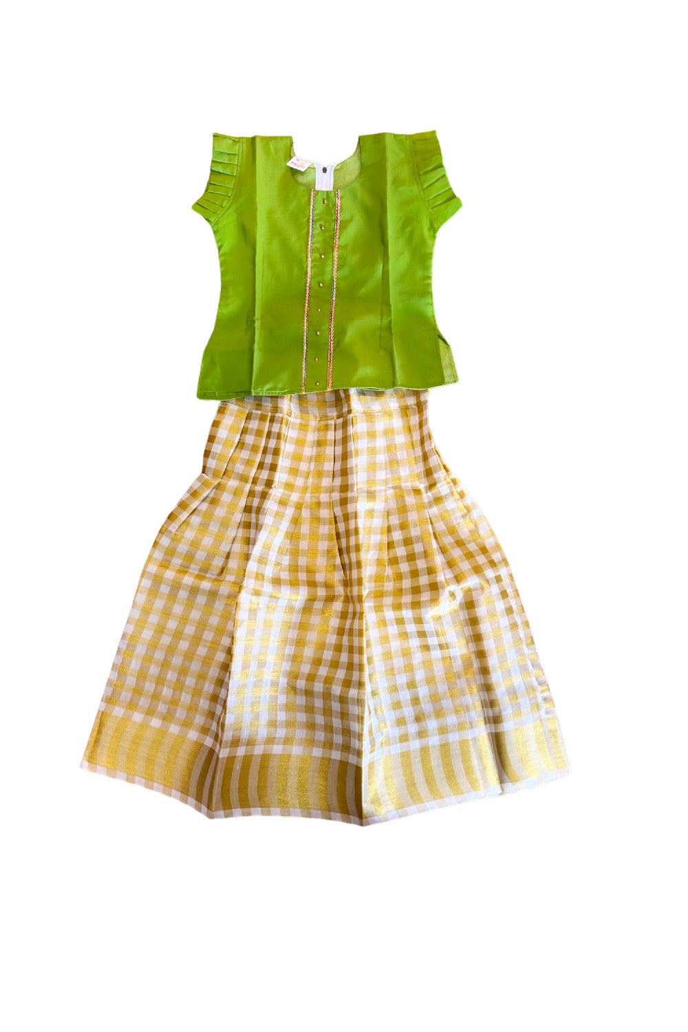 Midukki-Traditional South Indian Kids Pattu Pavada- Lime green top offwhite check skirt - Age 6 - KK6MID0018