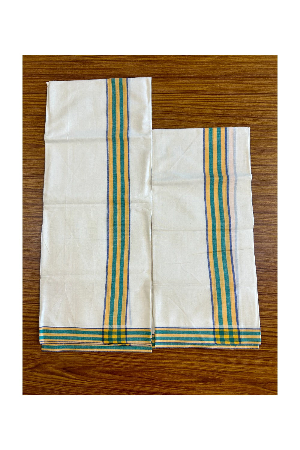 15% Discount!! KaithariKada - Kerala Cotton SINGLE SET MUND FOR WOMEN - EXTRA LENGTH -Blue, Yellow & Green Stripes Mulloth Kara- 18KK472CKA