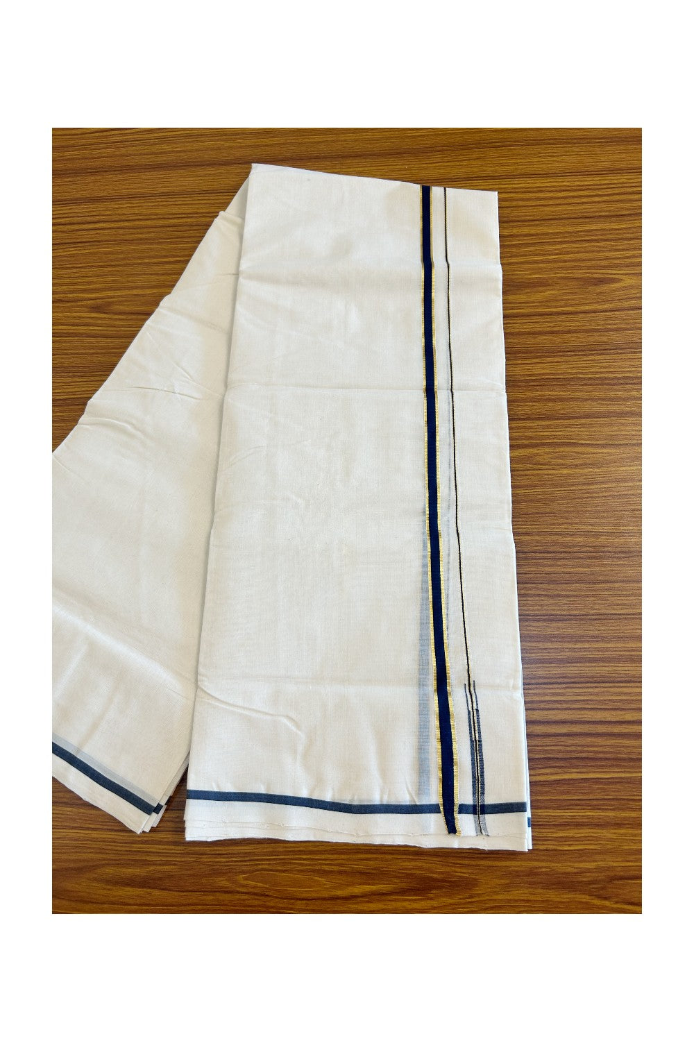 6% DISCOUNT!! KaithariKada HANDLOOM Millpaav Balaramapuram - 100% PURE Cotton OFF White - (Unbleached) Double Mundu/Dothi - 1.5cm Puliyilakkara side striped Gold kasavu Navy Blue chutty - 18KK498KK