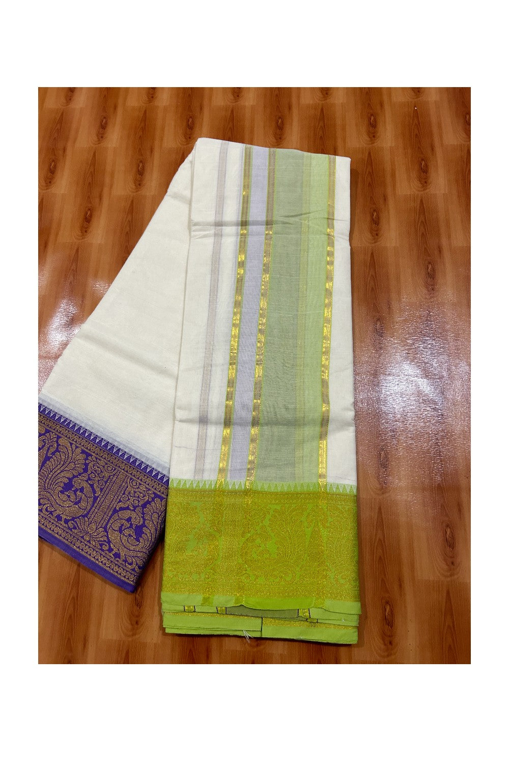 36% DISCOUNT! KaithariKada - Cotton Mix - Off White - (Unbleached) 80x80 thread- 80% Cotton & 20% Polyester - NORTH INDIAN - ATTACHED GAMCHA 9X5 Dhoti 5inch Light Green kara with Violet & Green Kasavu border - 18KK5005PMC