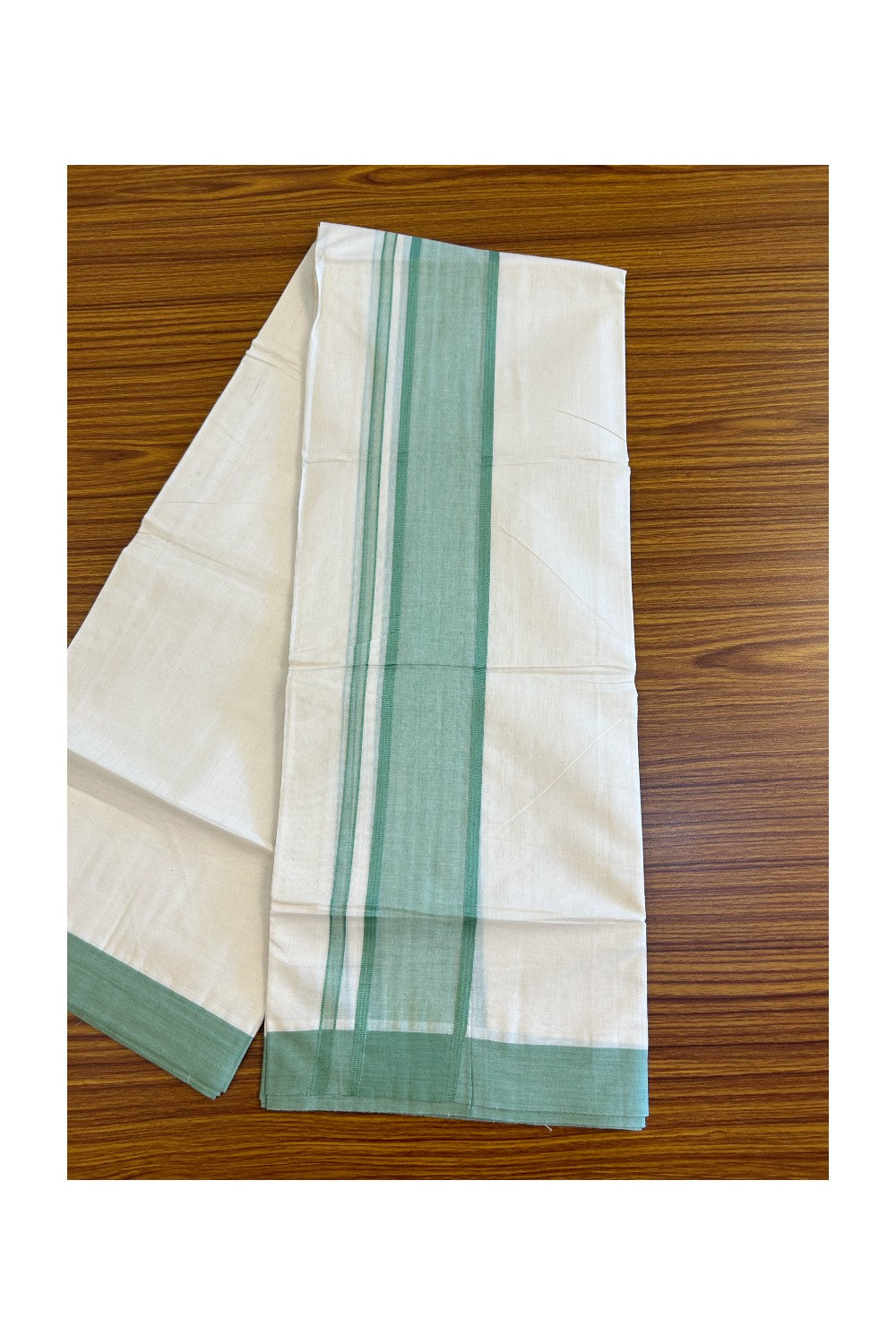 10% Discount!!! KaithariKada Balaramapuram 100% Cotton Double Off white - (Unbleached) Mundu/Dhoti- 3.5 inch Green Kara - 18KK500KK
