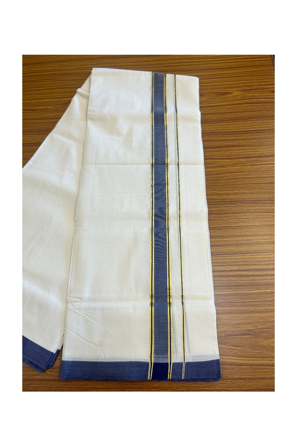 25% Discount KaithariKada HANDLOOM Unakkupaav Balaramapuram - 100% PURE Cotton Off White (Unbleached) - 100x100 Double Mundu/Dhoti - 2inch Gold Kasavu Navy Blue Kara- 90