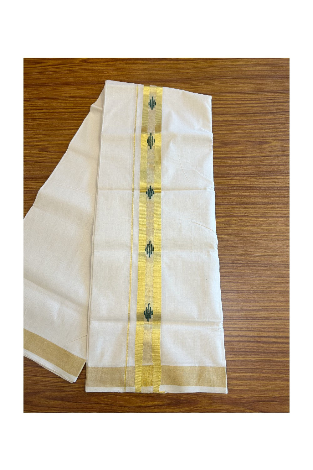 25% Discount!!! KaithariKada HANDLOOM UNAKKUPAAV Balaramapuram - 100% PURE Cotton off white (Unbleached) Double Mundu/Dhoti -100x 100 - 2.5 inch Kasavu with Center Tissue & Green design kara - 17KK5096YAR