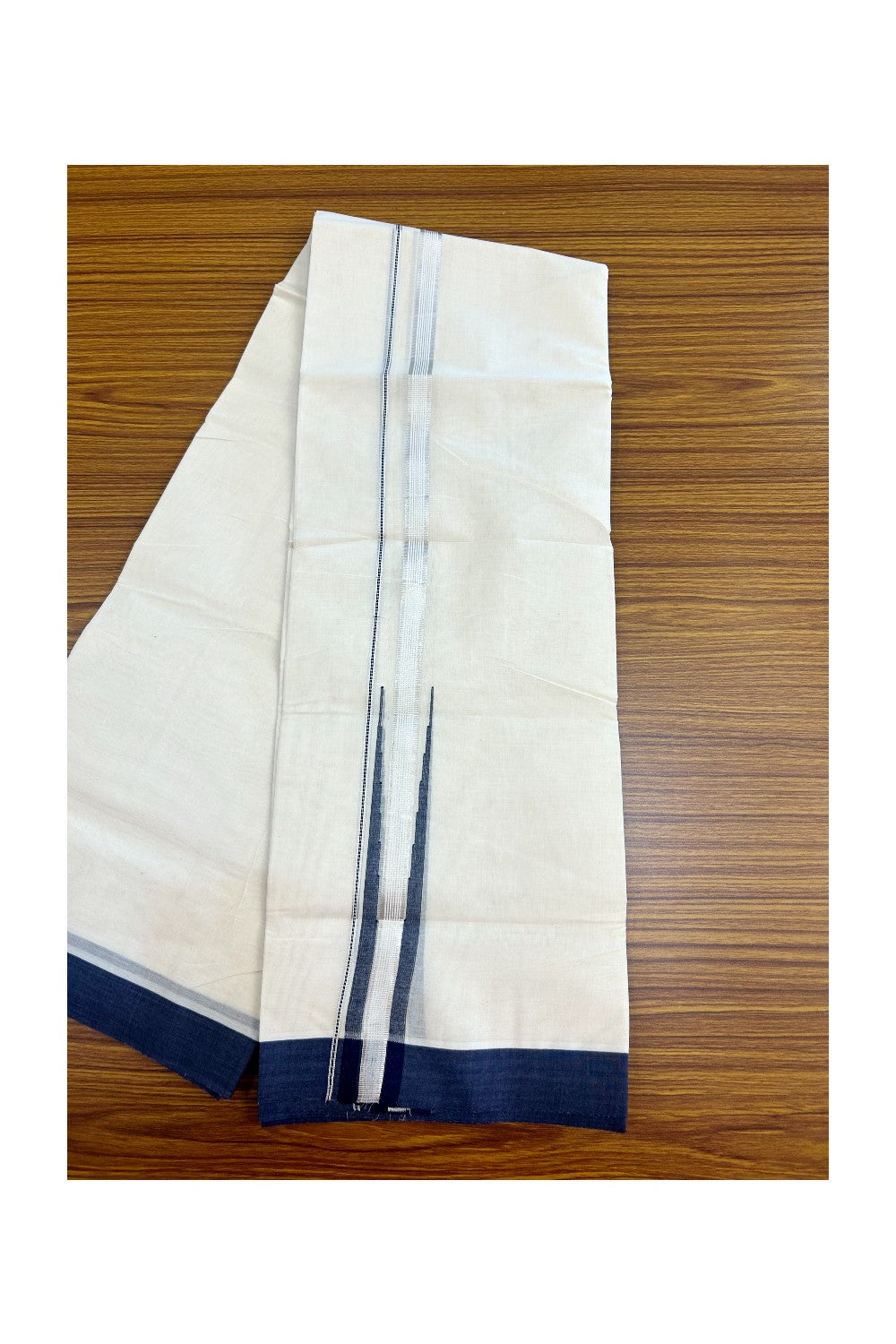 15% DISCOUNT ! KaithariKada Balaramapuram 100% Cotton DOUBLE OFF WHITE Mundu/Dhoti (Unbleached) - 100X80 - 0.75 inch Puliyilakkara NAVY BLUE SILVER Big chutty - 18KK5171GAN