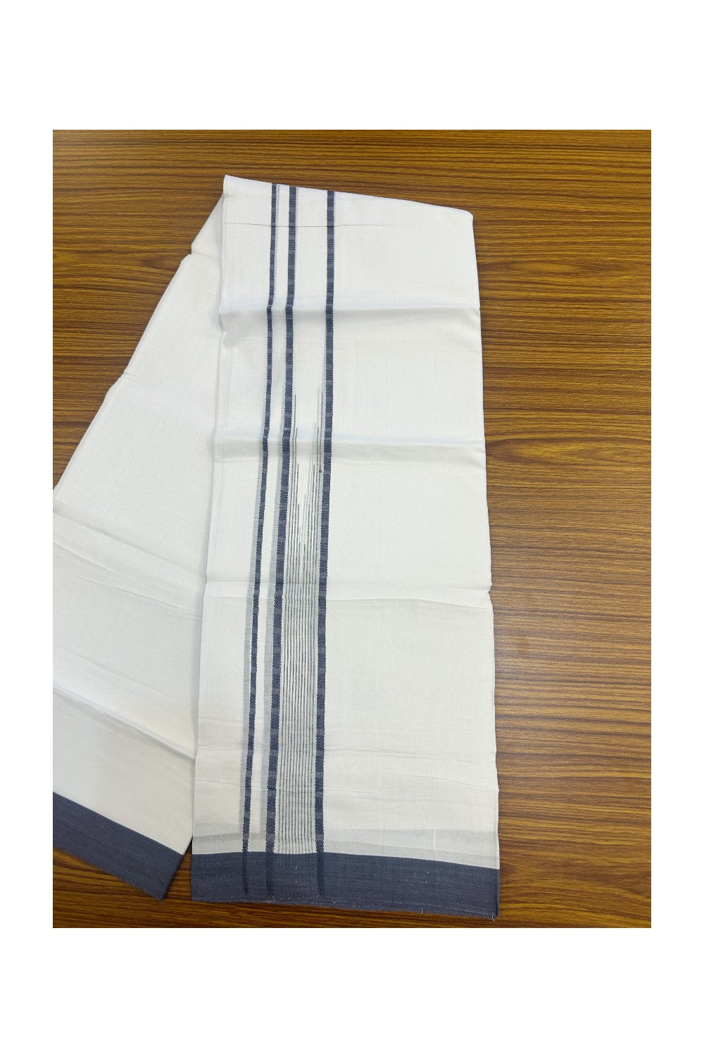 20% DISCOUNT! KaithariKada Balaramapuram DOUBLE PURE WHITE 100% Cotton Mundu/Dhoti - 100x80 - 1.5 inch Dark Blue Putta Design Chutty Kara - 18KK5174THI