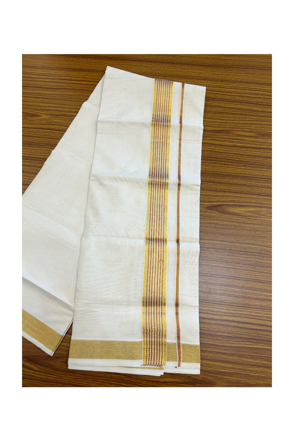 20% DISCOUNT! KaithariKada Balaramapuram Double OFF WHITE Mundu/Dhoti - 100x80- 1.75 Inch Gold Kasavu & Majenta striped Kara - 18KK5182VAS