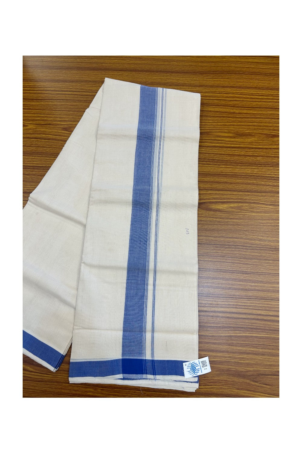 25% Discount KaithariKada HANDLOOM Unakkupaav Balaramapuram - 100% PURE Cotton off white (Unbleached) Double Mundu/Dhoti - 80X90 - 1.75 inch Blue Side Stripes Kara 3.80 mtr - 18KK5192ELA
