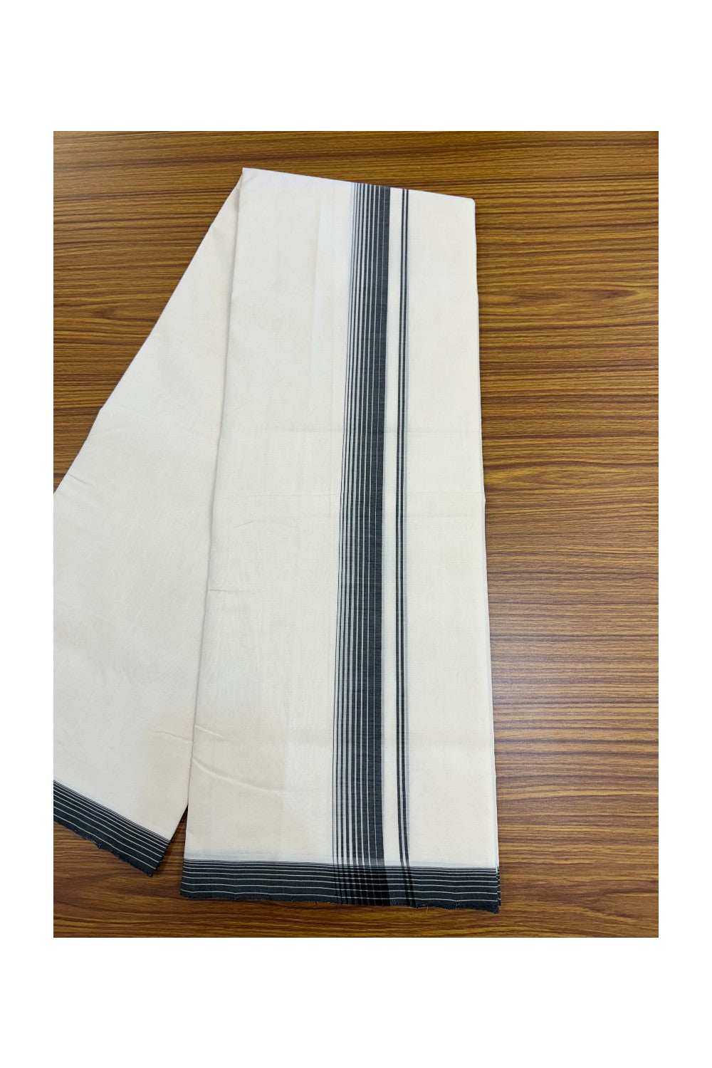 25% DISCOUNT!! KaithariKada HANDLOOM UNAKKUPAAV Balaramapuram - 100% PURE Cotton OFF White - (Unbleached) Double Mundu/Dothi - 80X100 - 1.5 inch Black Striped Kara 3.80 meter (8.5 Muzham) - 18KK5209 REA