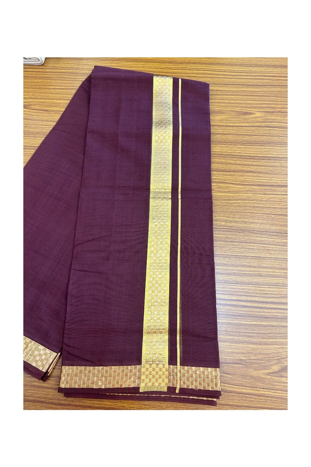 25% Discount! KaithariKada Handloom UNAKKUPAAV Balaramapuram - 100% Cotton Double Mundu/Dhoti - Wine Purple Colour Body - 1.75 inch Gold Kasavu & Copper Kasavu Jacquard Design Kara - 18KK5208ABH