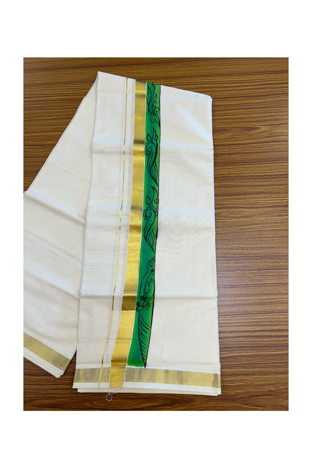 29% Discount! KaithariKada Balaramapuram 100% Cotton off white Double - (Unbleached) Mundu/Dhoti - 80x90 - Gold Kasavu HAND PAINTED Dark Green & Light Green Flower Pattern 2.25 inch Kara - 18KK5212 VIN