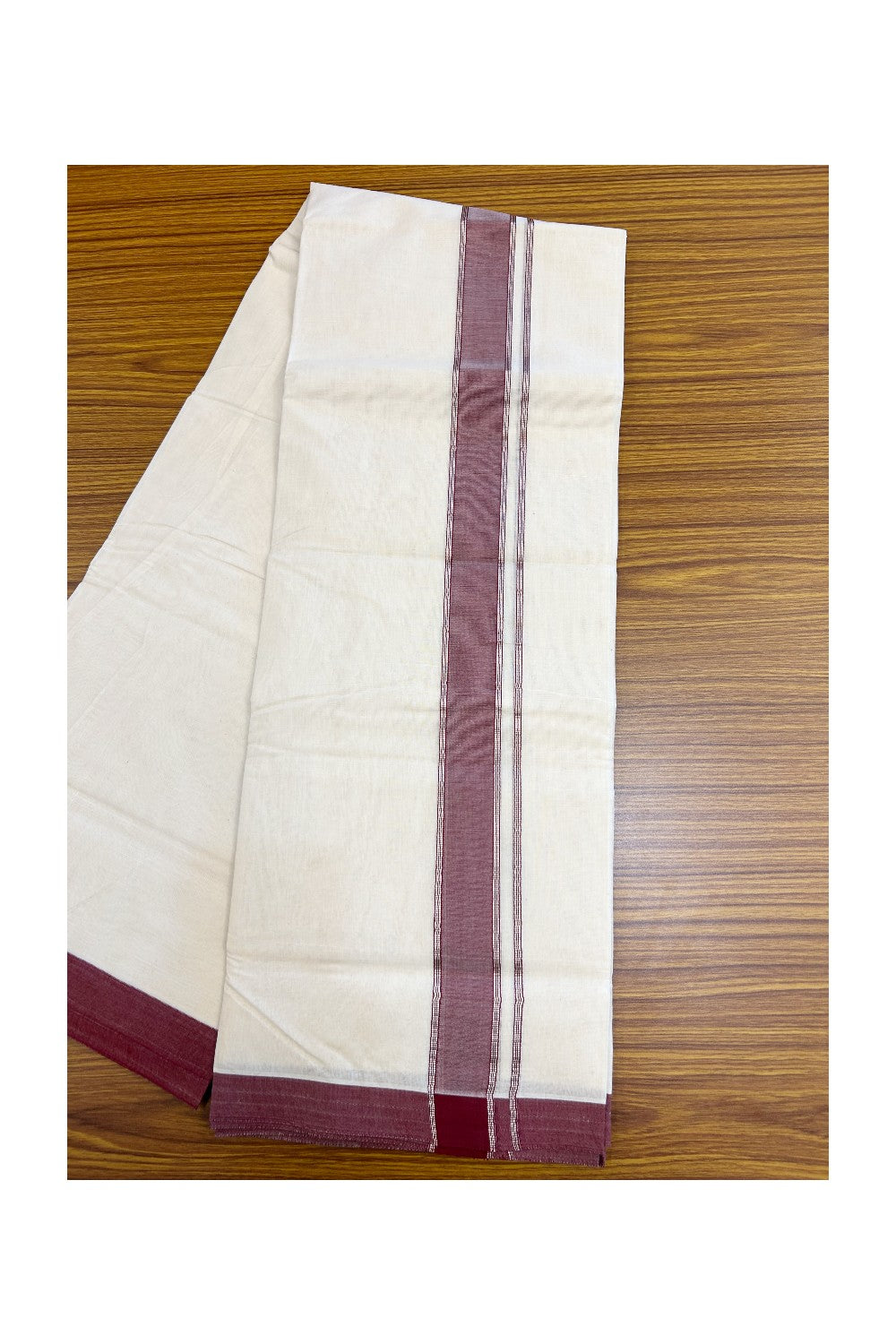 NEW !! 20% DISCOUNT!! KaithariKada Balaramapuram 100% Cotton Double Off white - (Unbleached) Mundu/Dhoti-100x80 - 1.5 inch Silver Kasavu & Maroon Shaded Striped KARA - 3.75 mtr (8 Muzham) - 18KK5218 ASH