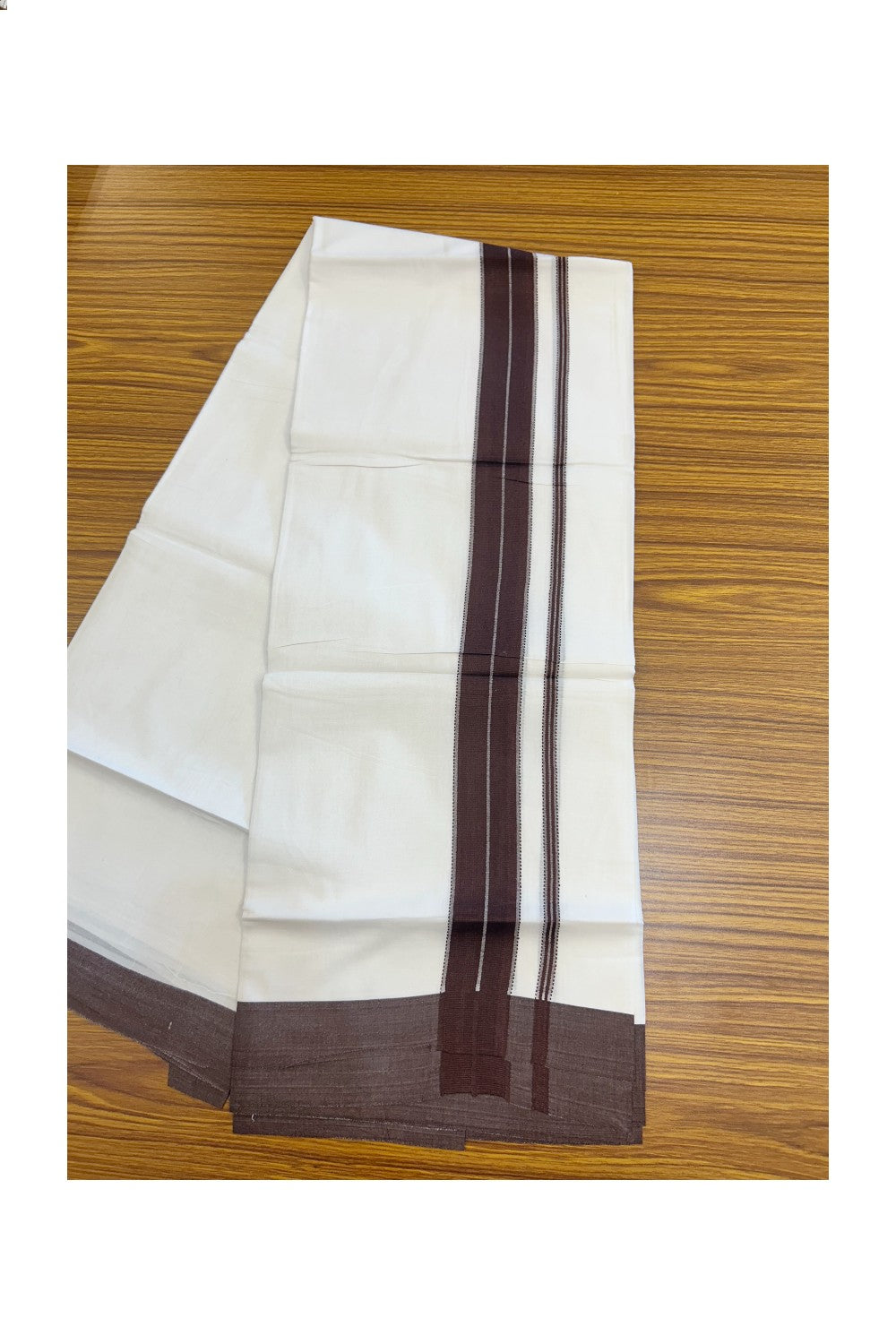 20% DISCOUNT! KaithariKada Balaramapuram 100% Cotton Double Pure white Mundu/Dhoti- 100x80 - 1.75 inch Brown Striped Kara - 3.76mtr ( 8 muzham) - 18KK5227 PMC