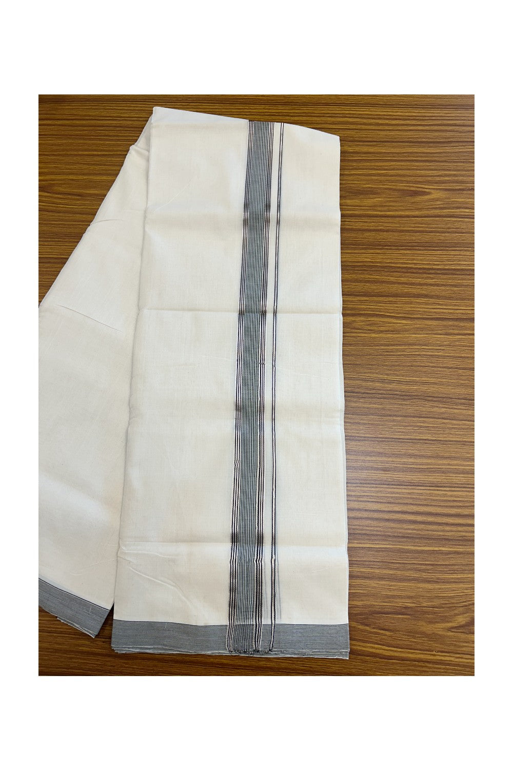 25% Discount!!! KaithariKada HANDLOOM UNAKKUPAAV Balaramapuram - 100% PURE Cotton OFF WHITE (Unbleached) Double Mundu/Dhoti - 80x90 - 1.25 inch Silver kasavu Black & White striped kara 4 Mtr (8.5 Muzham) - 18KK5235 YAR