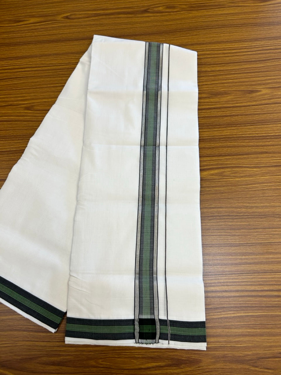 25% Discount!! NEW ULTRA PURE WHITE HANDLOOM Balaramapuram - 100% MERCERISED Cotton Double Mundu/Dhoti - 120 twisted warp x 80s weft - Green Black Silver Kasav Kara- 18KK5248 REA
