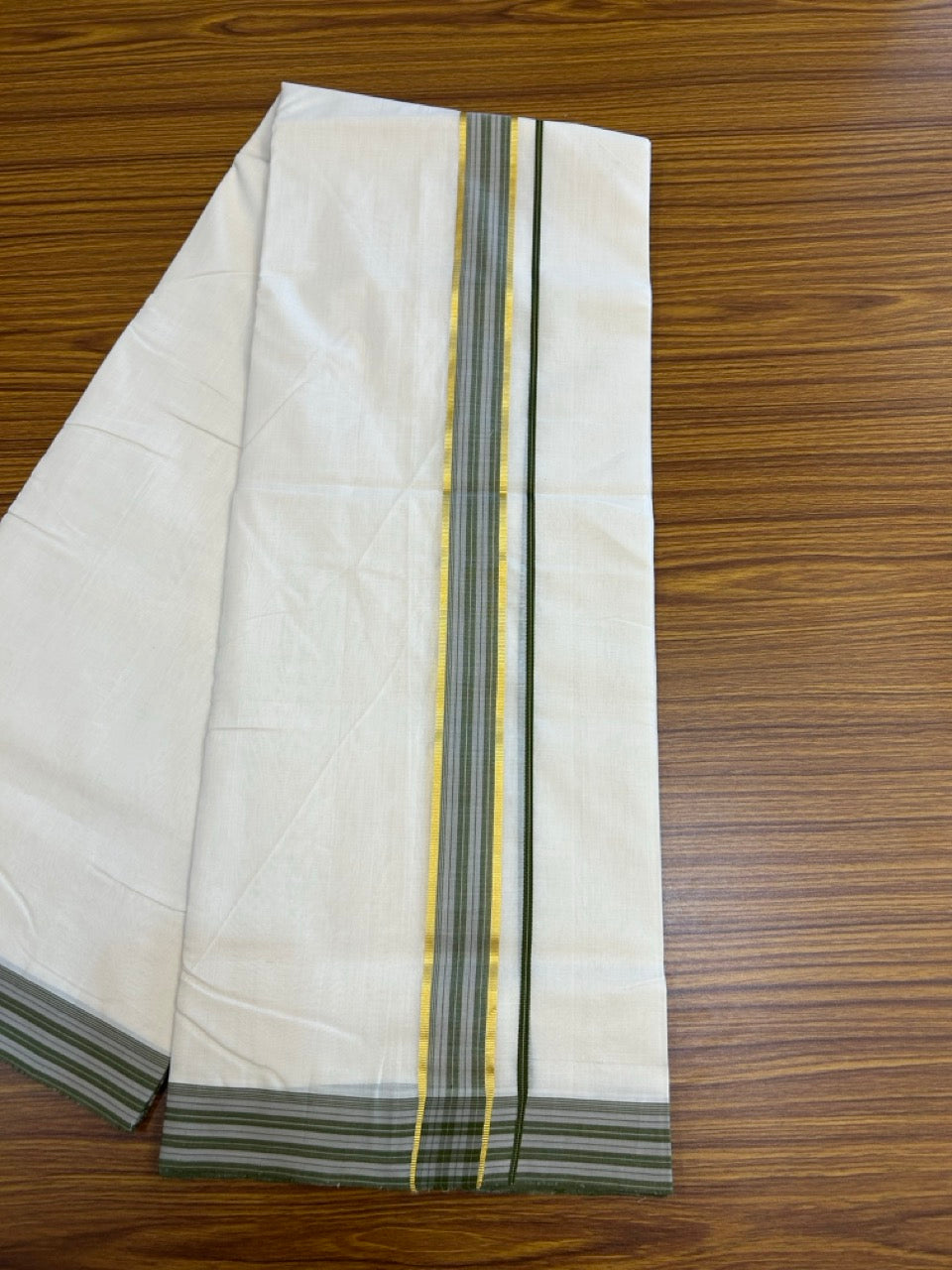 25% DISCOUNT!! KaithariKada HANDLOOM UNAKKUPAAV Balaramapuram - 100% PURE Cotton OFF White - (Unbleached) Double Mundu/Dothi - 100 x 80 - 1.5 inch Green Ash Stripes Gold Kasav Kara 4 meter - 18 KK5249 REA