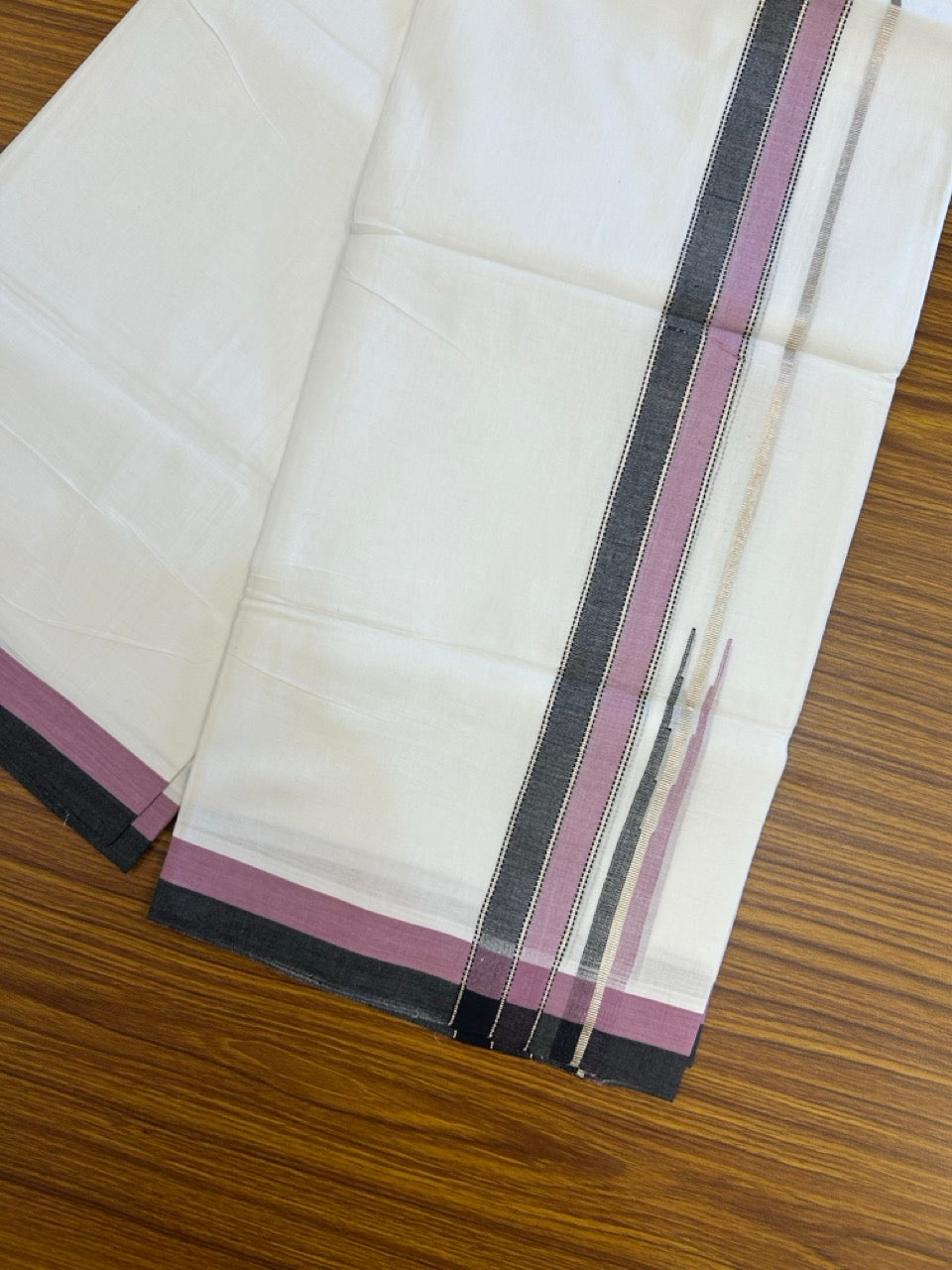 26% Discount ! NEW! KaithariKada Balaramapuram 100% Cotton Pure white Double Mundu/Dhoti - (100x80)s - Pink Black Chutty Silver Kasav - 18 KK5252 CKS