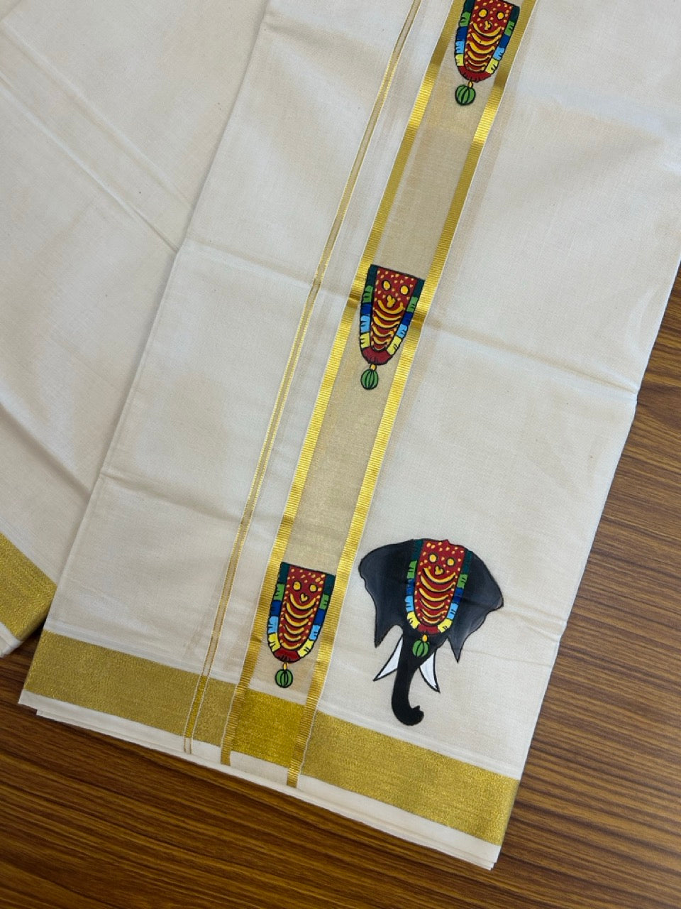 24% Discount! KaithariKada 100% Cotton Double Off white - (Ubleached) Mundu / Dhoti - 100x80 1.5 inch Gold Kasavu & Hand Painted Elaphant Nettipattom - 18 KK5259 CKS