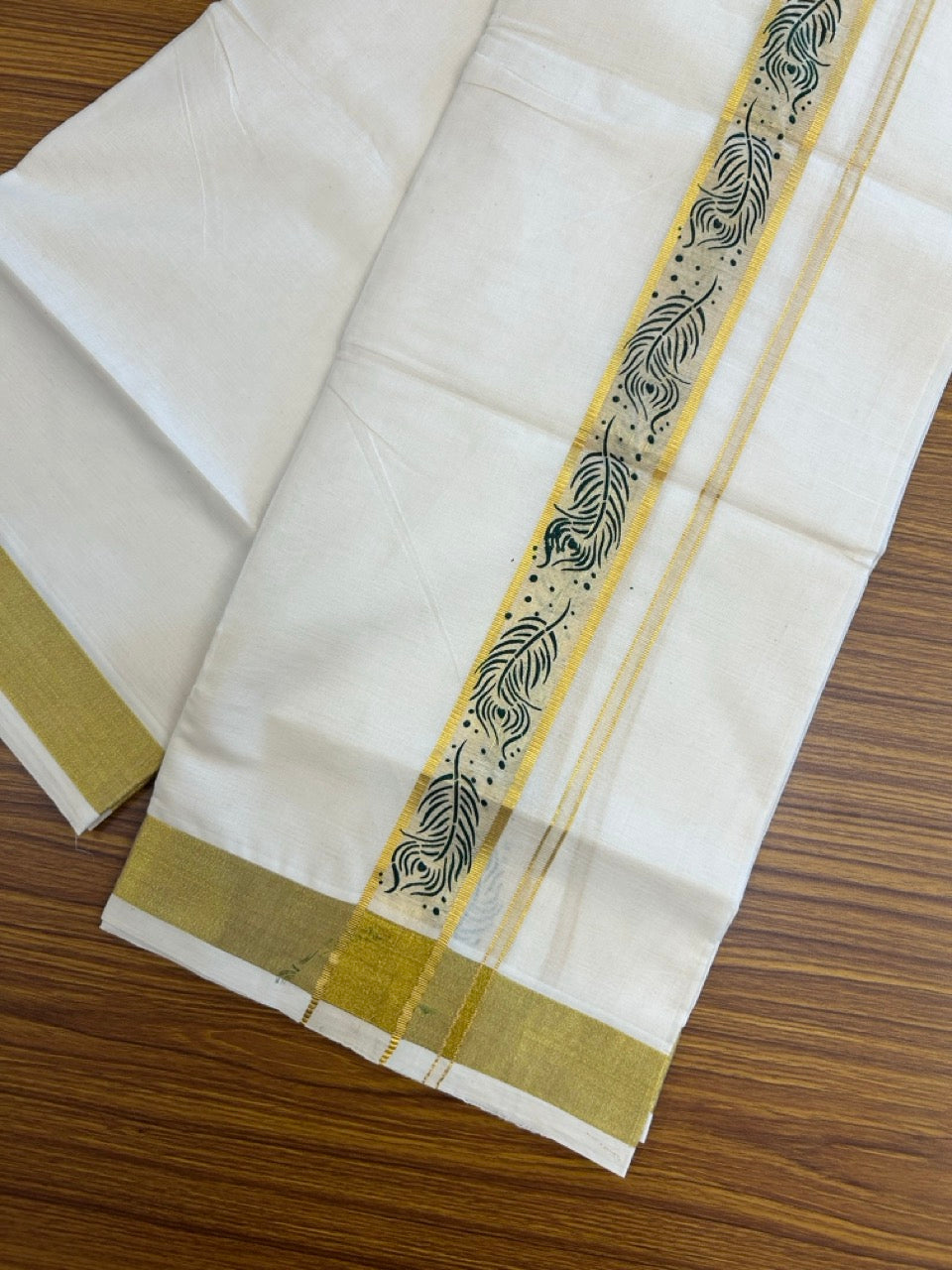 KaithariKada 100% Cotton Double Off White - (Ubleached) Mundu/Dhoti - 80x80 - 1.5 inch Gold Kasavu & Green Peacock Printed Design Kara - 4 mtr (8 muzham)- 18 KK5262 STH