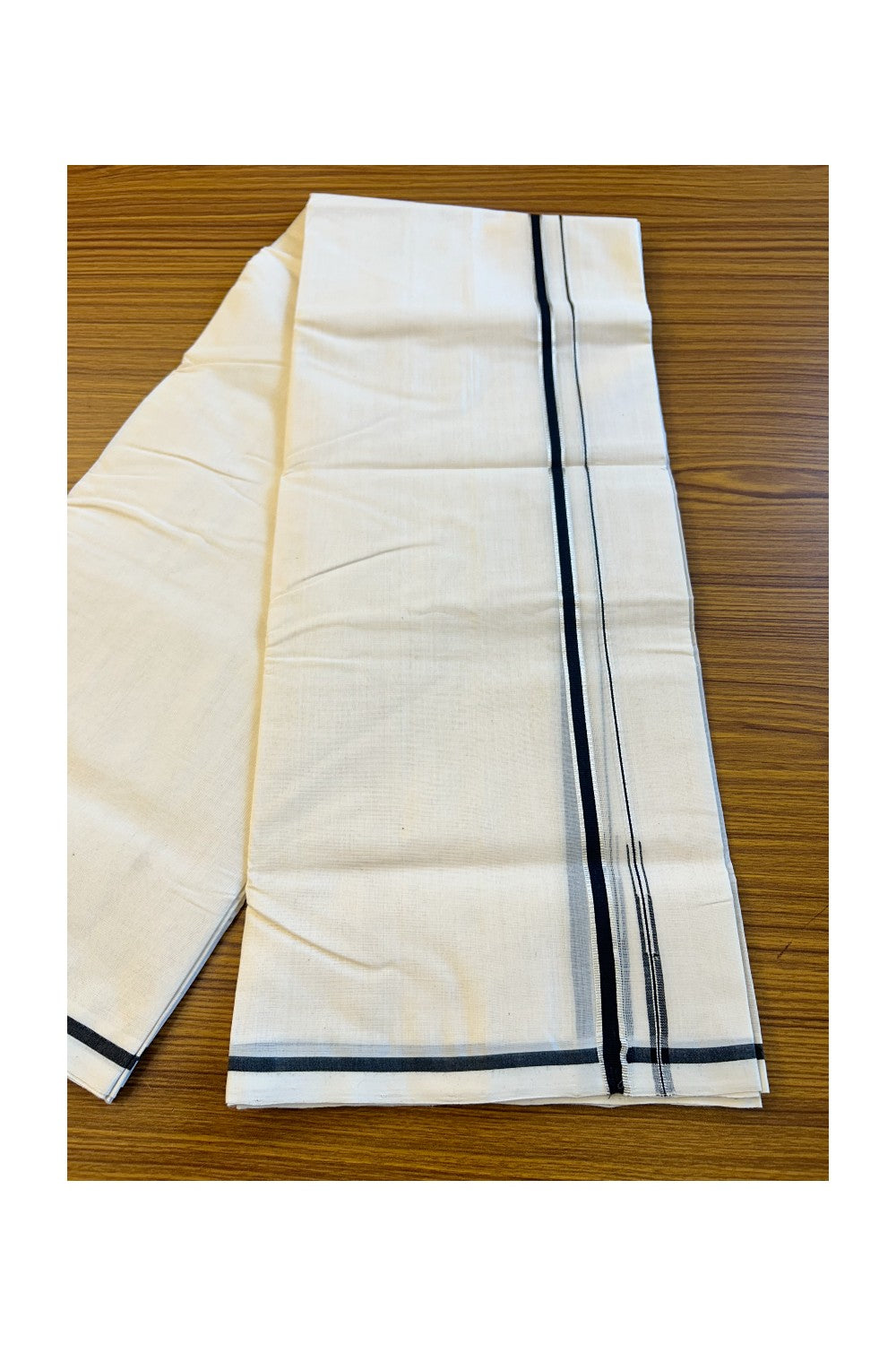 18% DISCOUNT!! KaithariKada HANDLOOM Millpaav Balaramapuram - 100% PURE Cotton Off White (Unbleached) - 100x100 Double Mundu/Dhoti - 1.cm Chutty Puliyilakkara Silver Kasavu Black Kara - 18KK72RAM