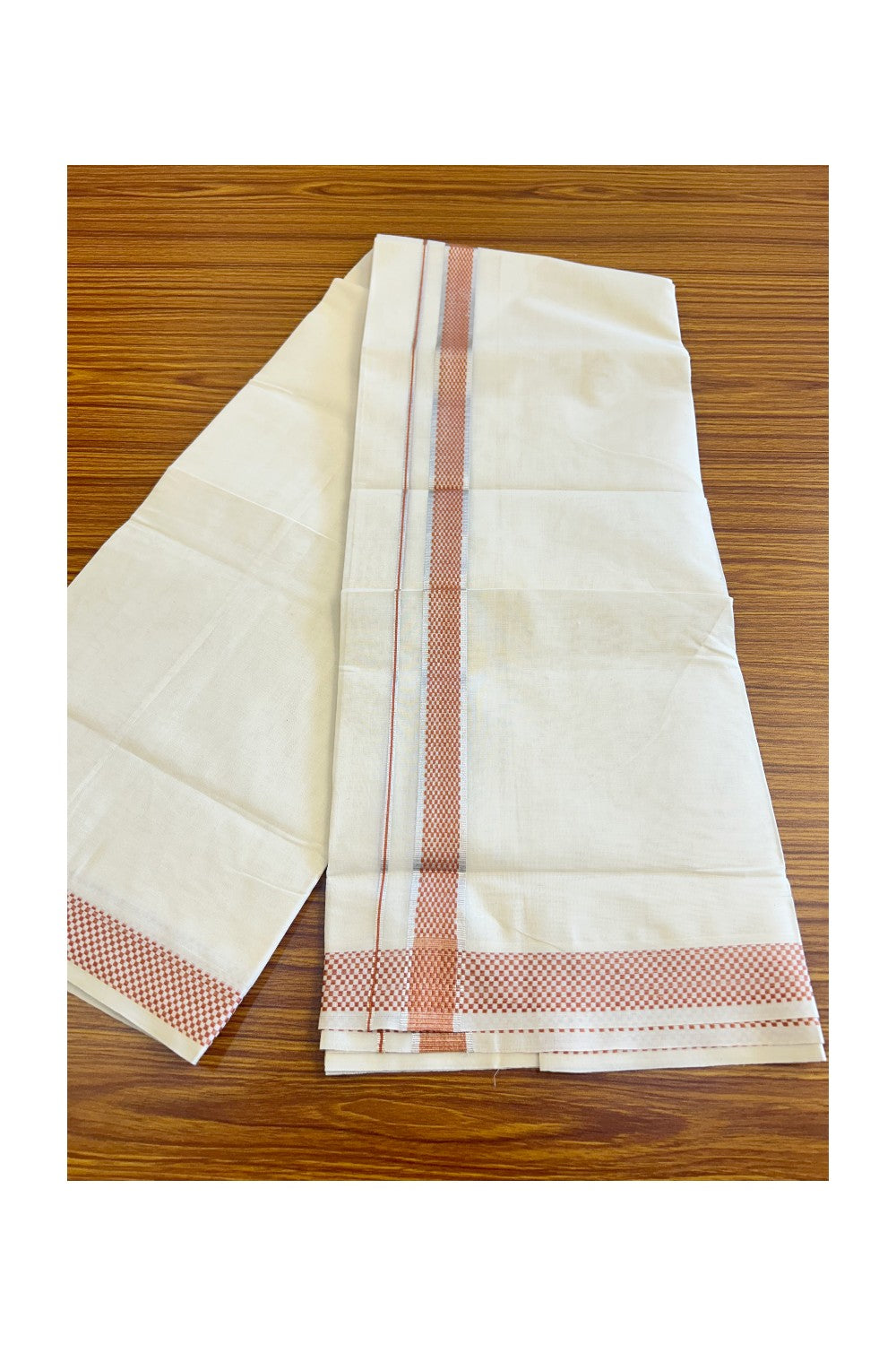 21% DISCOUNT ! KaithariKada Balaramapuram 100% Cotton Double off white (Unbleached) Mundu/Dhoti - 100X100 Silver kasavu brown check design kara - 18KK78PMC