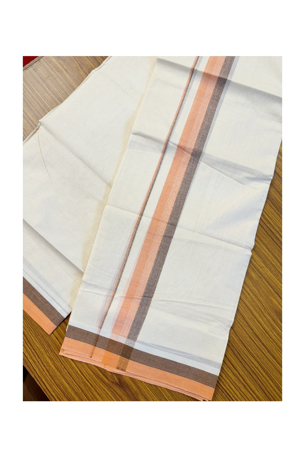 19% DISCOUNT ! KaithariKada Balaramapuram 100% Cotton Double off white - (Unbleached) Mundu/Dhoti - 100X100 Peach orange & brown shaded kara with centre stripes - 18KK81VIN