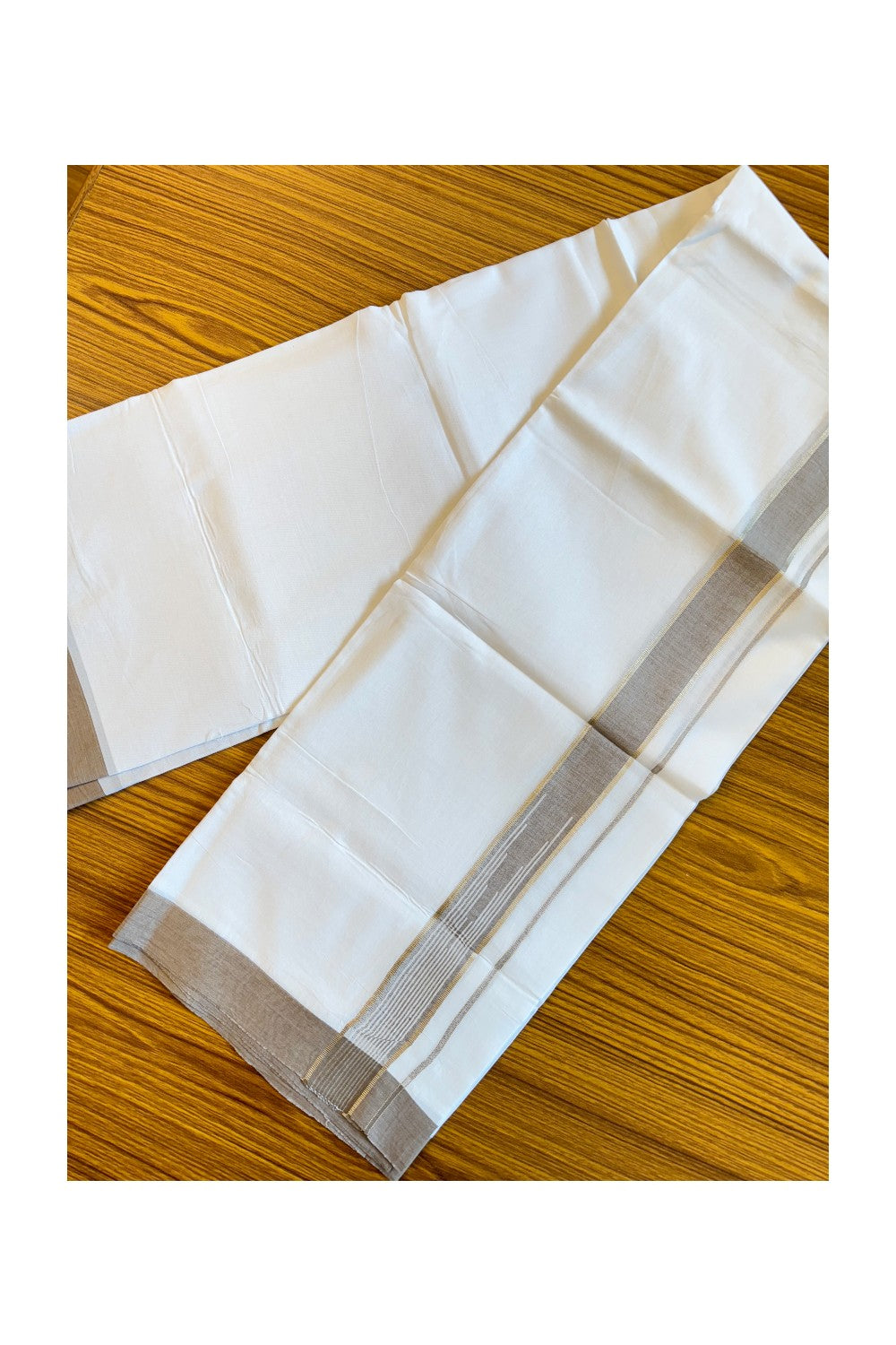 21% DISCOUNT!! Kaitharikada Balaramapuram 100% Cotton PURE WHITE Double Mundu/Dothi-100x92 Puliyilakkara CHUTTY 2 Inch SILVER & BROWN WHITE STRIPED Cotton Kara - 18KK84CEE
