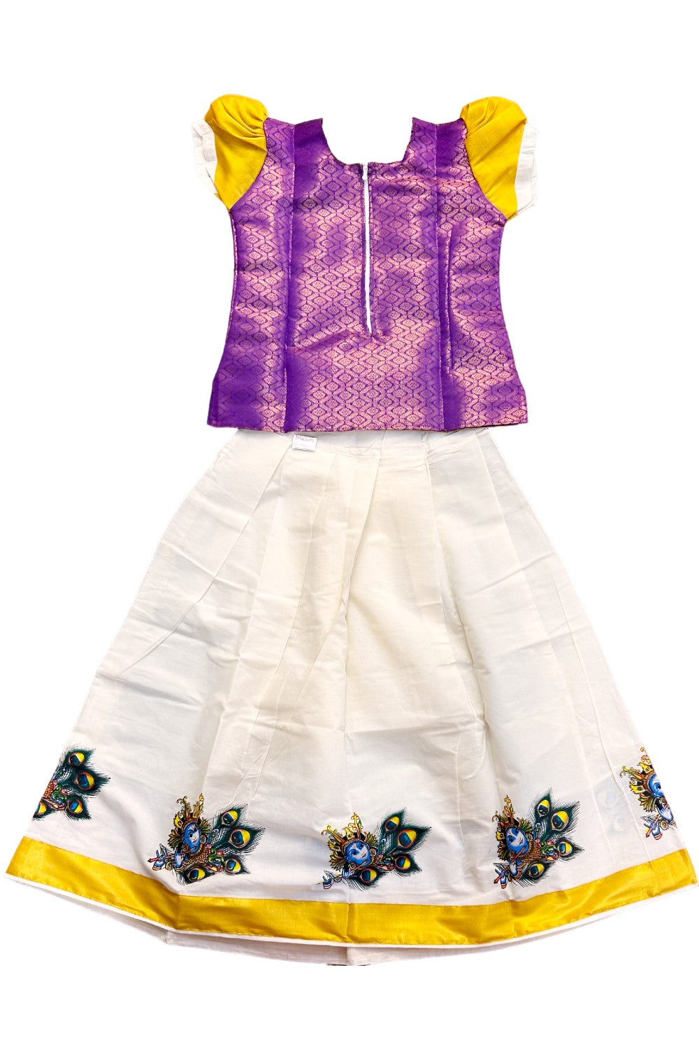 Midukki-Traditional South Indian Kids Pattu Pavada- Violet brocade top offwhite skirt with kasavu krishna print- Age 8 - KK8MID0018
