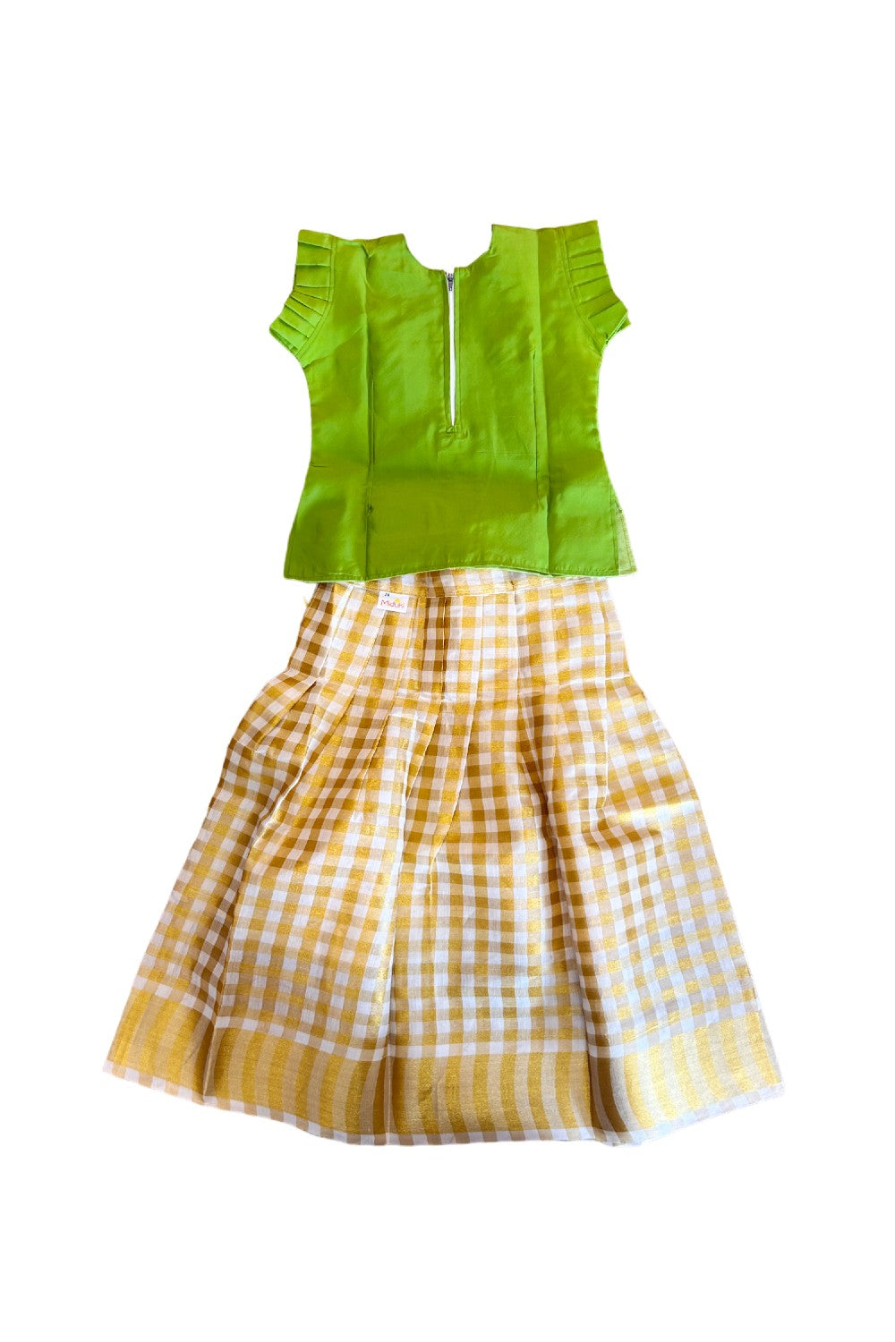 Midukki-Traditional South Indian Kids Pattu Pavada- Lime green top offwhite check skirt - Age 6 - KK6MID0018