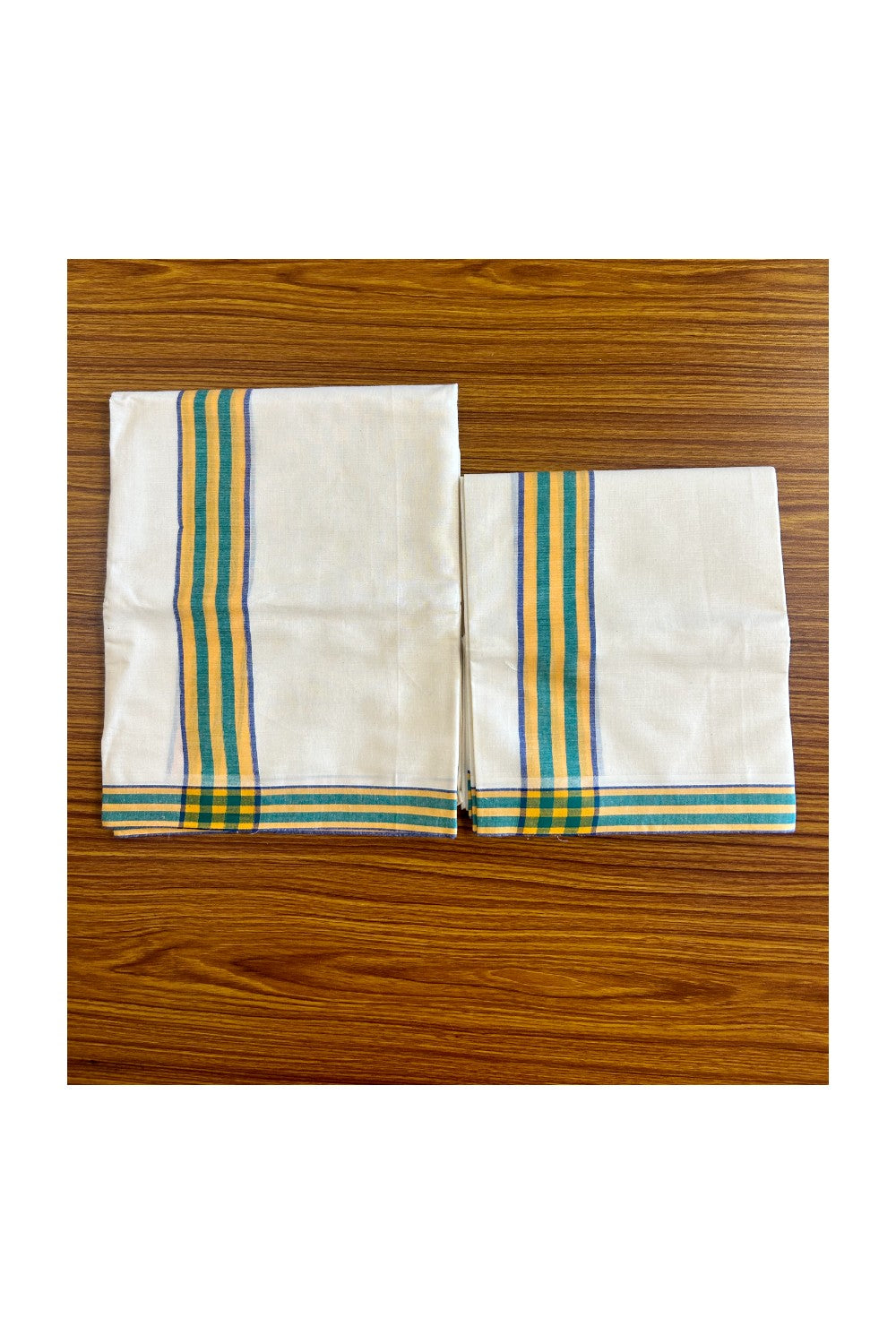 15% Discount!! KaithariKada - Kerala Cotton SINGLE SET MUND FOR WOMEN - EXTRA LENGTH -Blue, Yellow & Green Stripes Mulloth Kara- 18KK472CKA
