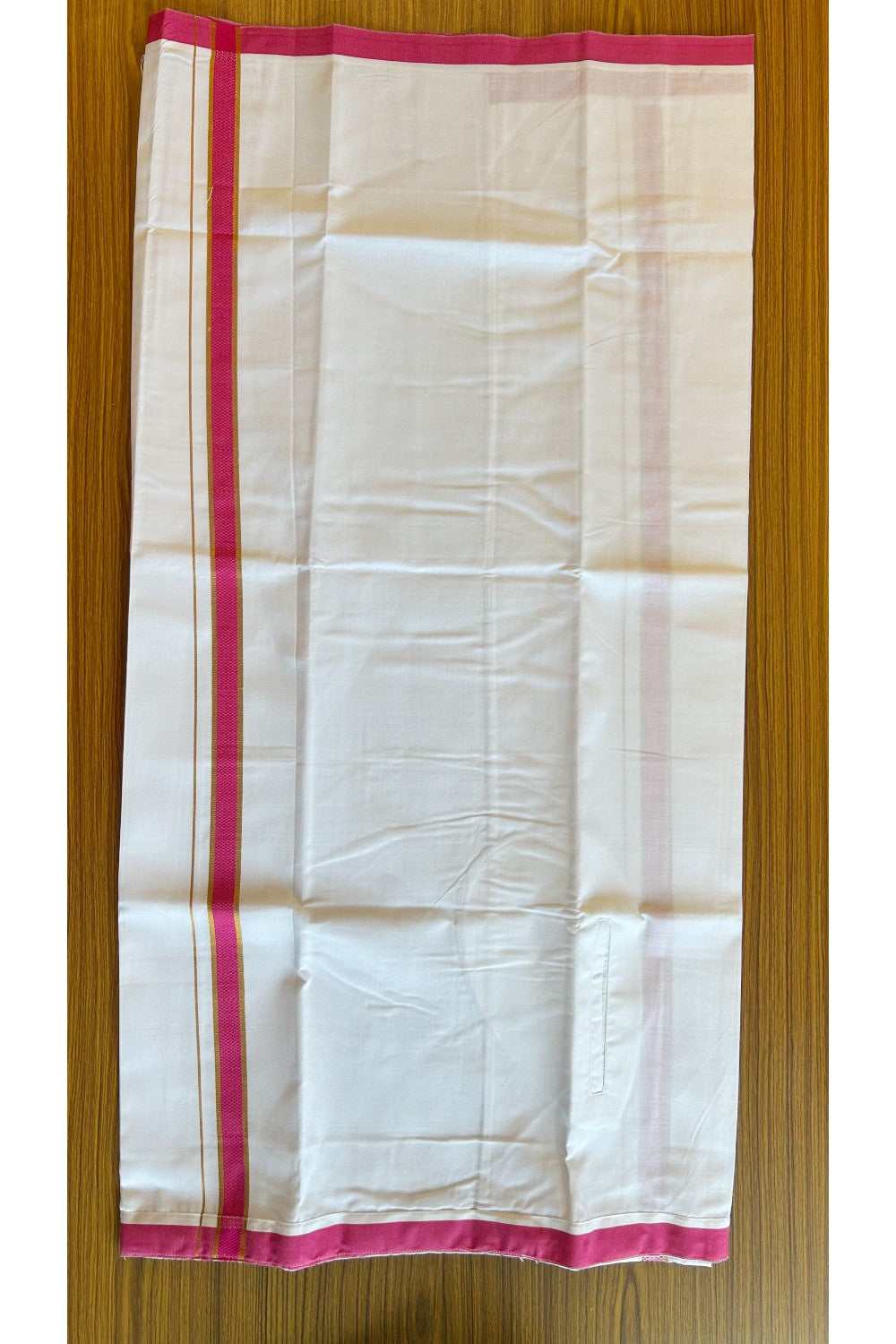 KaithariKada Balaramapuram Cotton Single Pure White Velcro Mundu/Dhoti - 1.75inch Dark Pink & Kasavu kara (2 metre / 4 muzham)- 18KK485SRI