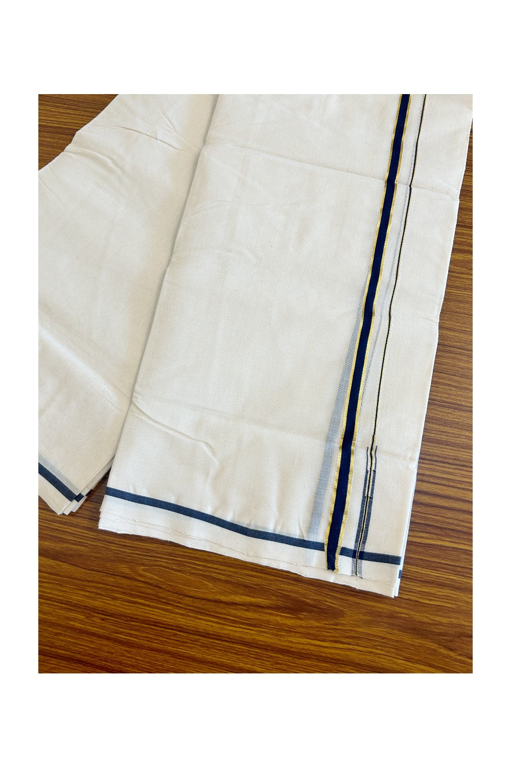 6% DISCOUNT!! KaithariKada HANDLOOM Millpaav Balaramapuram - 100% PURE Cotton OFF White - (Unbleached) Double Mundu/Dothi - 1.5cm Puliyilakkara side striped Gold kasavu Navy Blue chutty - 18KK498KK