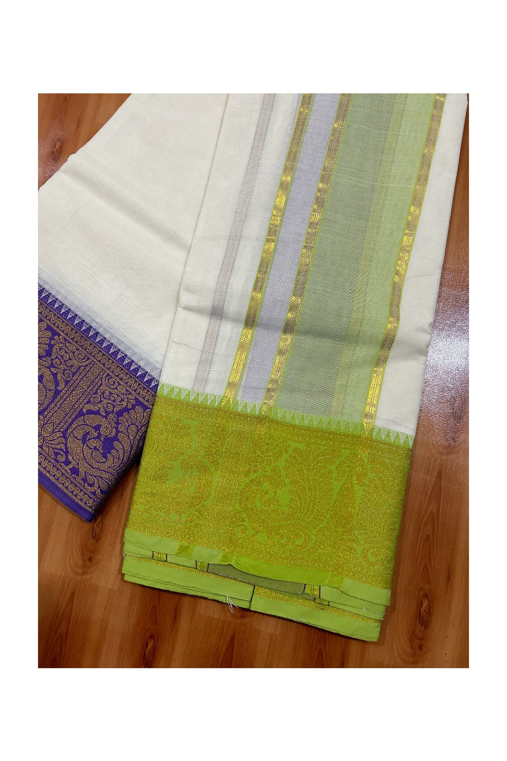 36% DISCOUNT! KaithariKada - Cotton Mix - Off White - (Unbleached) 80x80 thread- 80% Cotton & 20% Polyester - NORTH INDIAN - ATTACHED GAMCHA 9X5 Dhoti 5inch Light Green kara with Violet & Green Kasavu border - 18KK5005PMC