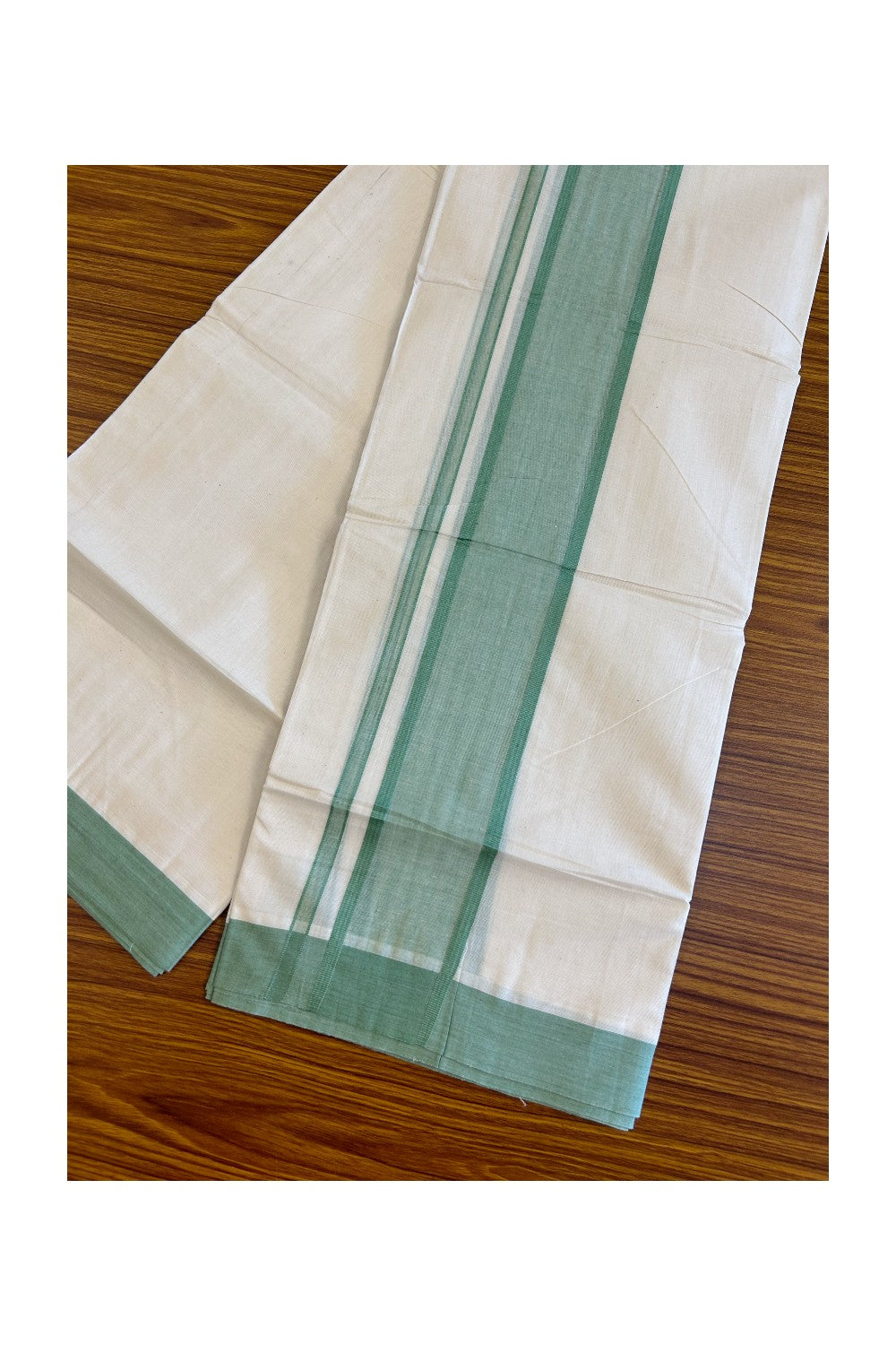10% Discount!!! KaithariKada Balaramapuram 100% Cotton Double Off white - (Unbleached) Mundu/Dhoti- 3.5 inch Green Kara - 18KK500KK