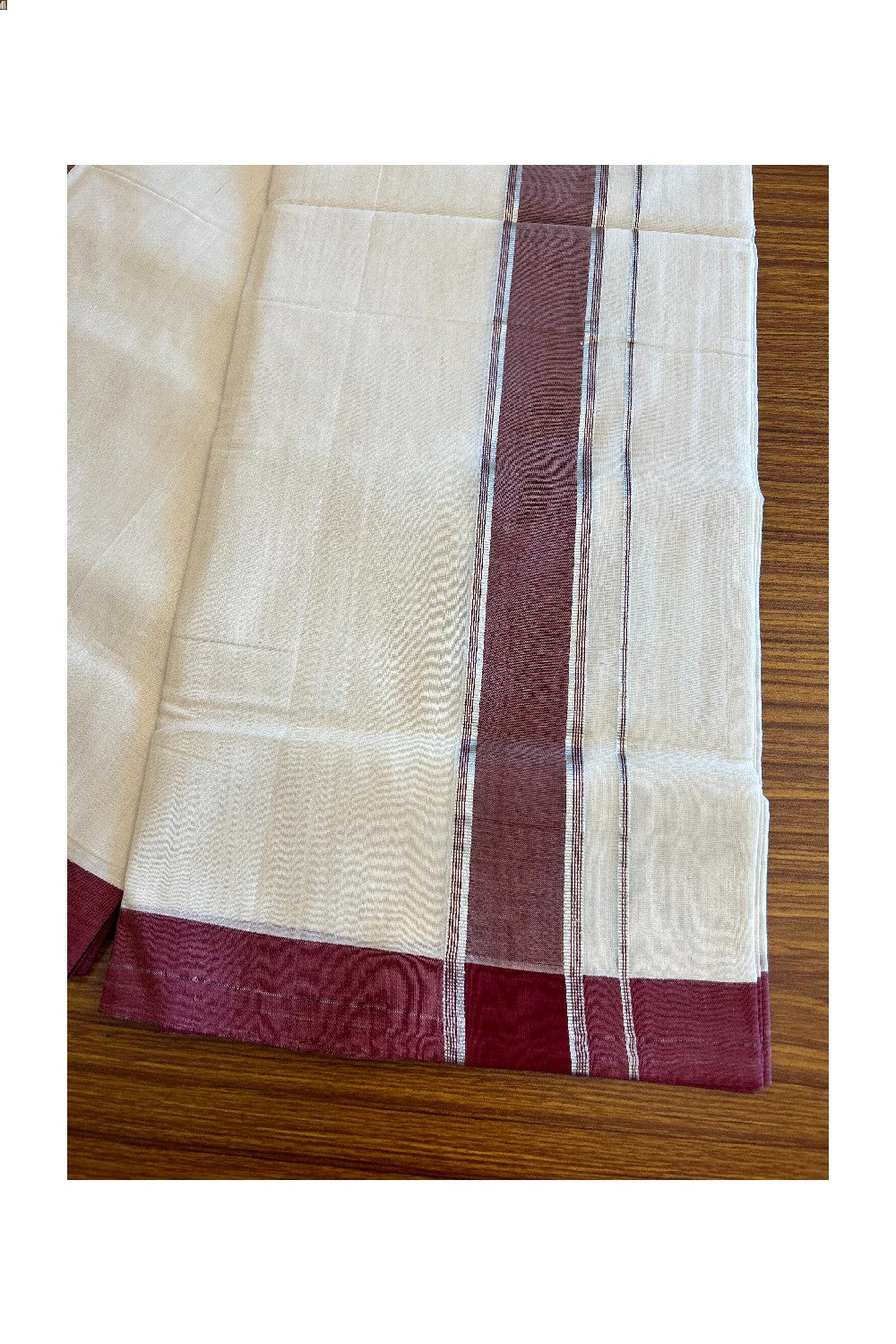 25% Discount KaithariKada HANDLOOM UNAKKUPAAV Balaramapuram - 100% PURE Cotton off white (Unbleached) Double Mundu/Dhoti - 2.75 inch Maroon Brown Silver Kasavu-116