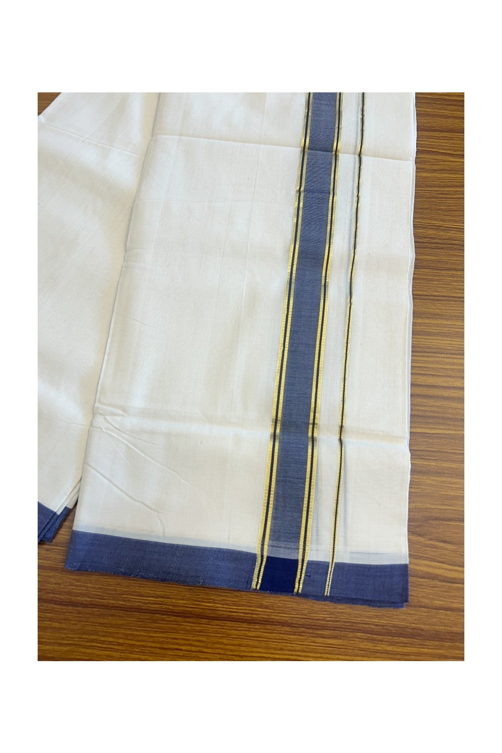 25% Discount KaithariKada HANDLOOM Unakkupaav Balaramapuram - 100% PURE Cotton Off White (Unbleached) - 100x100 Double Mundu/Dhoti - 2inch Gold Kasavu Navy Blue Kara- 90