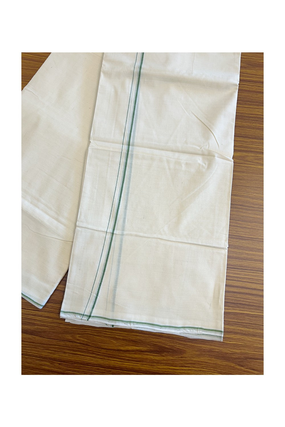 25% Discount!!! KaithariKada 100% Cotton Handloom Kalamachal Off white (Unbleached) Double Dhoti/Mundu - 0.5 Inch Green