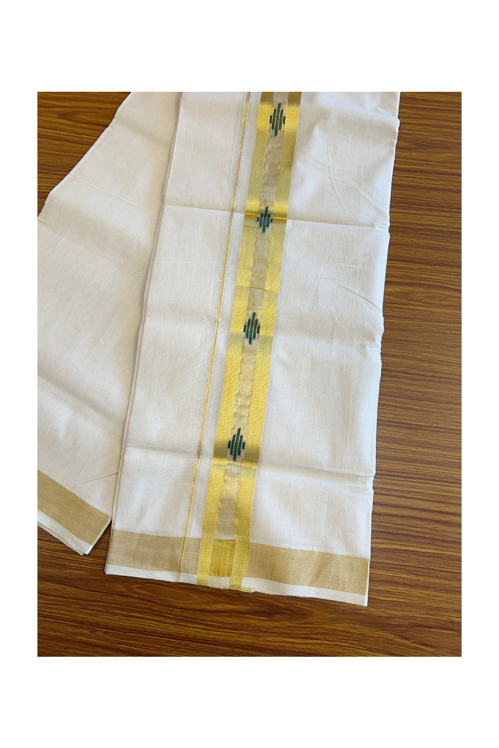 25% Discount!!! KaithariKada HANDLOOM UNAKKUPAAV Balaramapuram - 100% PURE Cotton off white (Unbleached) Double Mundu/Dhoti -100x 100 - 2.5 inch Kasavu with Center Tissue & Green design kara - 17KK5096YAR