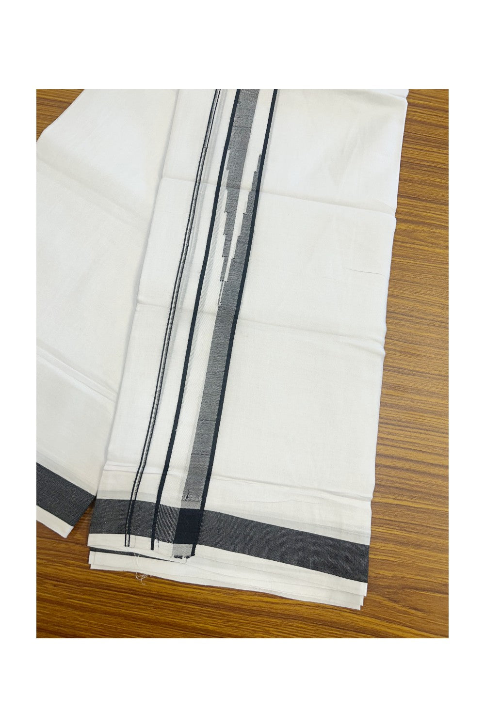 25% DISCOUNT! KaithariKada Balaramapuram 100% Mercerised Cotton Double ULTRA PURE white Mundu/Dhoti - 120x120 - 1.5 inch Heavy Chutty Black Shaded Kara - 18KK5139THI