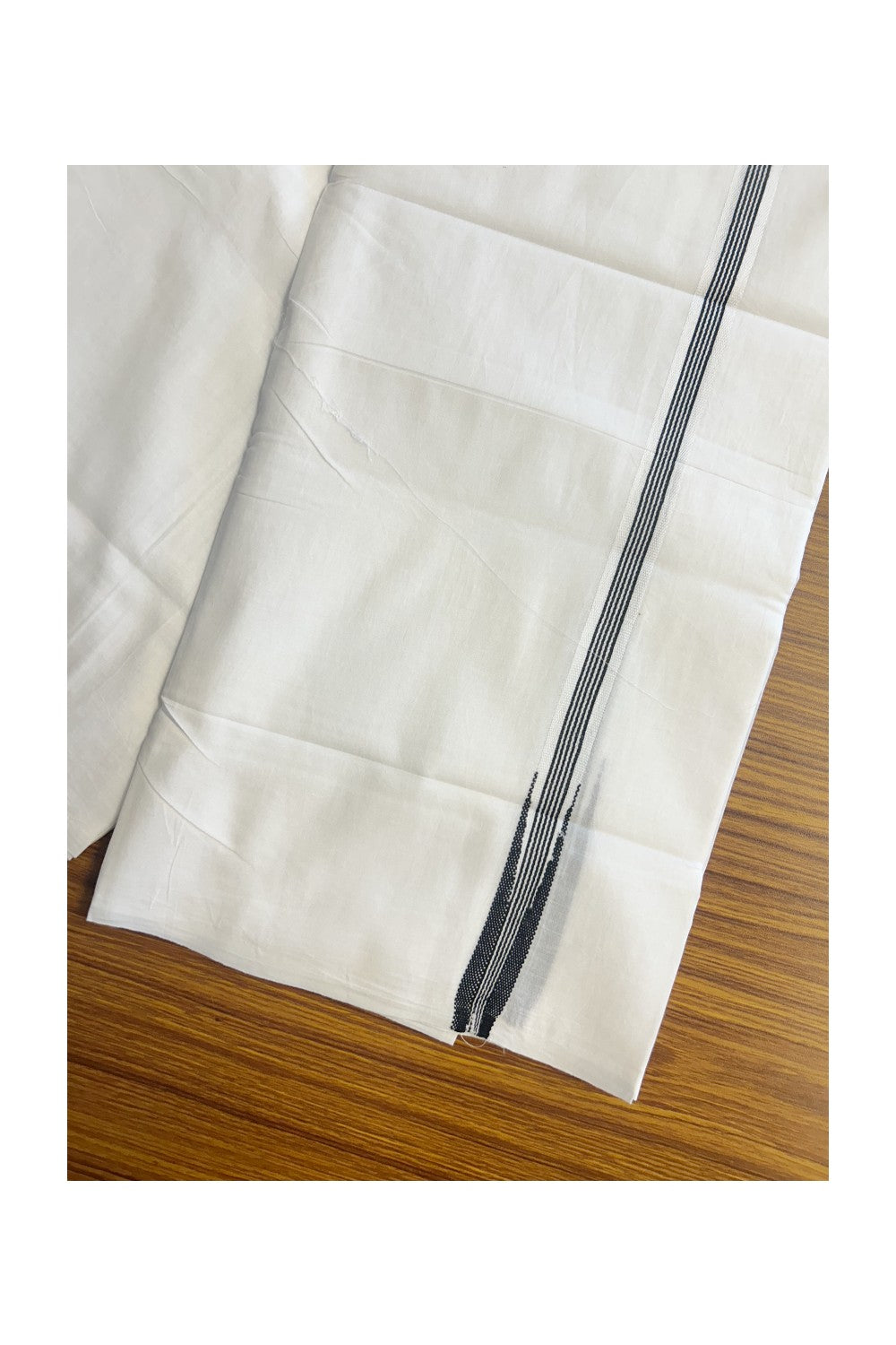 SHORT DHOTI SPECIAL! Kaitharikada.com - 20% DISCOUNT ! KaithariKada Balaramapuram 100% COTTON DOUBLE PURE WHITE Mundu/Dhoti-100X100- 0.75 Inch Kara & 46 inches Height Puliyilakkara Black Striped Chutty - 15KK5146ASH