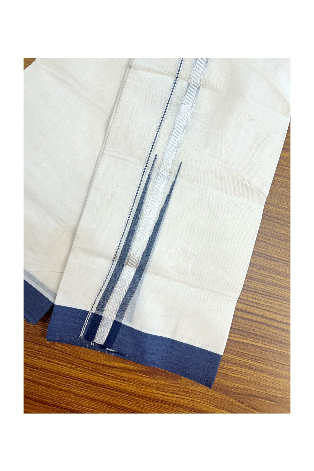 15% DISCOUNT ! KaithariKada Balaramapuram 100% Cotton DOUBLE OFF WHITE Mundu/Dhoti (Unbleached) - 100X80 - 0.75 inch Puliyilakkara NAVY BLUE SILVER Big chutty - 18KK5171GAN