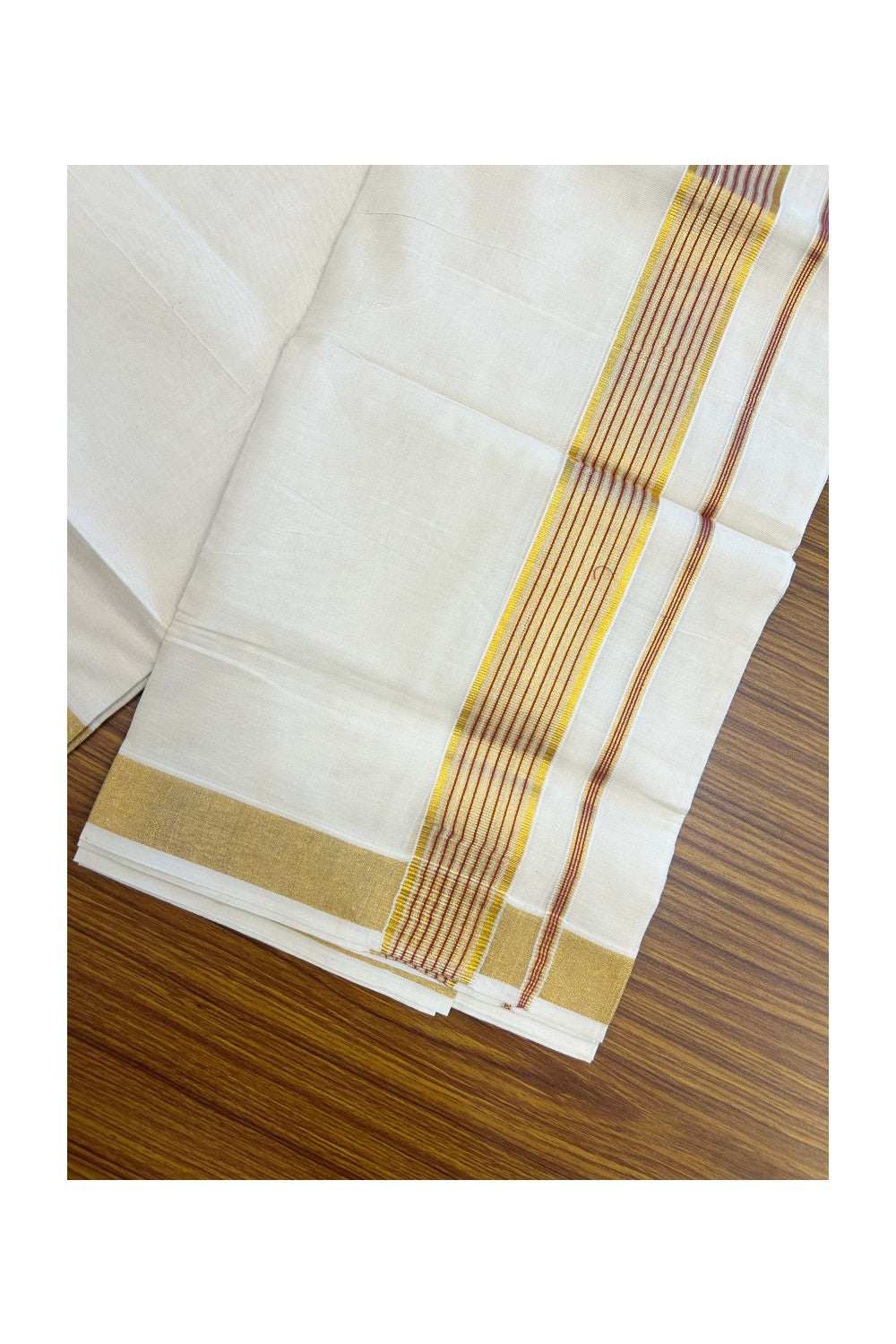 20% DISCOUNT! KaithariKada Balaramapuram Double OFF WHITE Mundu/Dhoti - 100x80- 1.75 Inch Gold Kasavu & Majenta striped Kara - 18KK5182VAS
