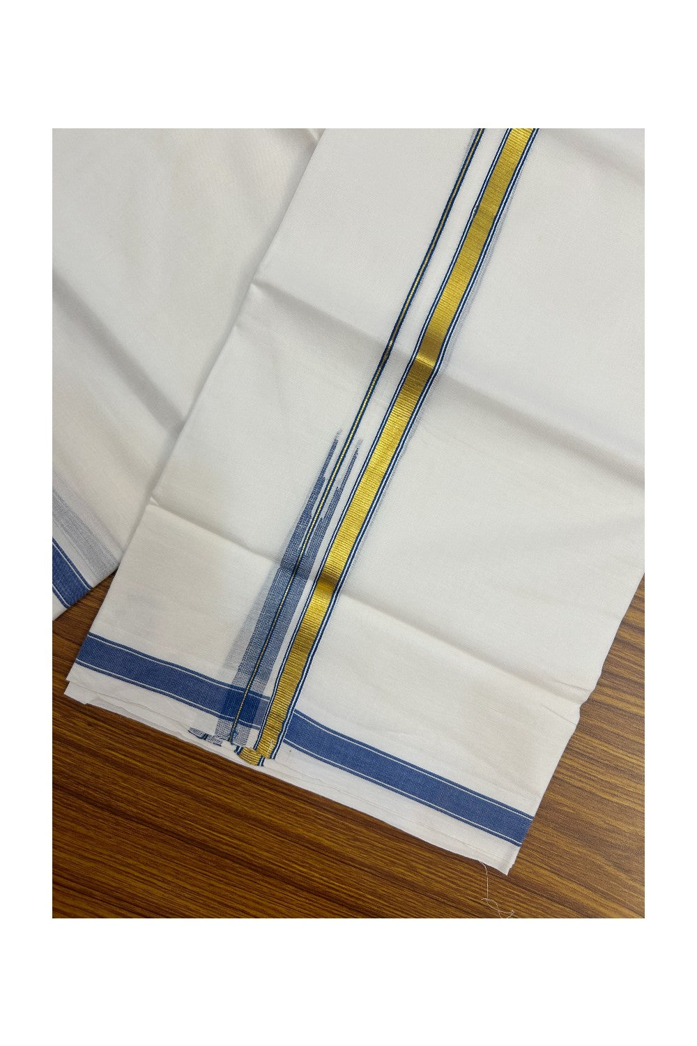 20% DISCOUNT!! KaithariKada Balaramapuram 100% Cotton PURE WHITE Double Mundu/Dhoti-100x80 - 0.5 inch Blue Kasav Chutty Kara - 18KK5191CKS