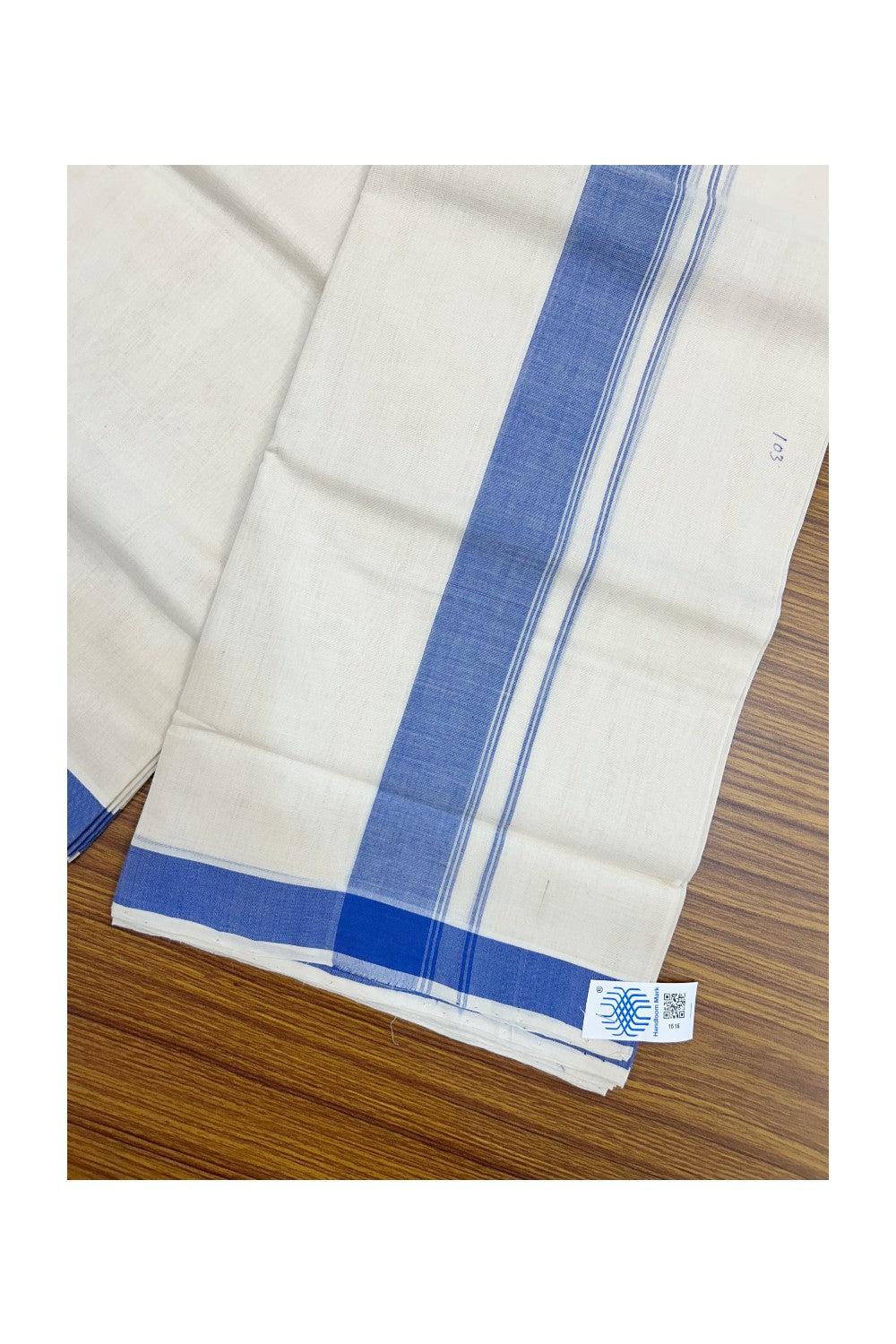 25% Discount KaithariKada HANDLOOM Unakkupaav Balaramapuram - 100% PURE Cotton off white (Unbleached) Double Mundu/Dhoti - 80X90 - 1.75 inch Blue Side Stripes Kara 3.80 mtr - 18KK5192ELA