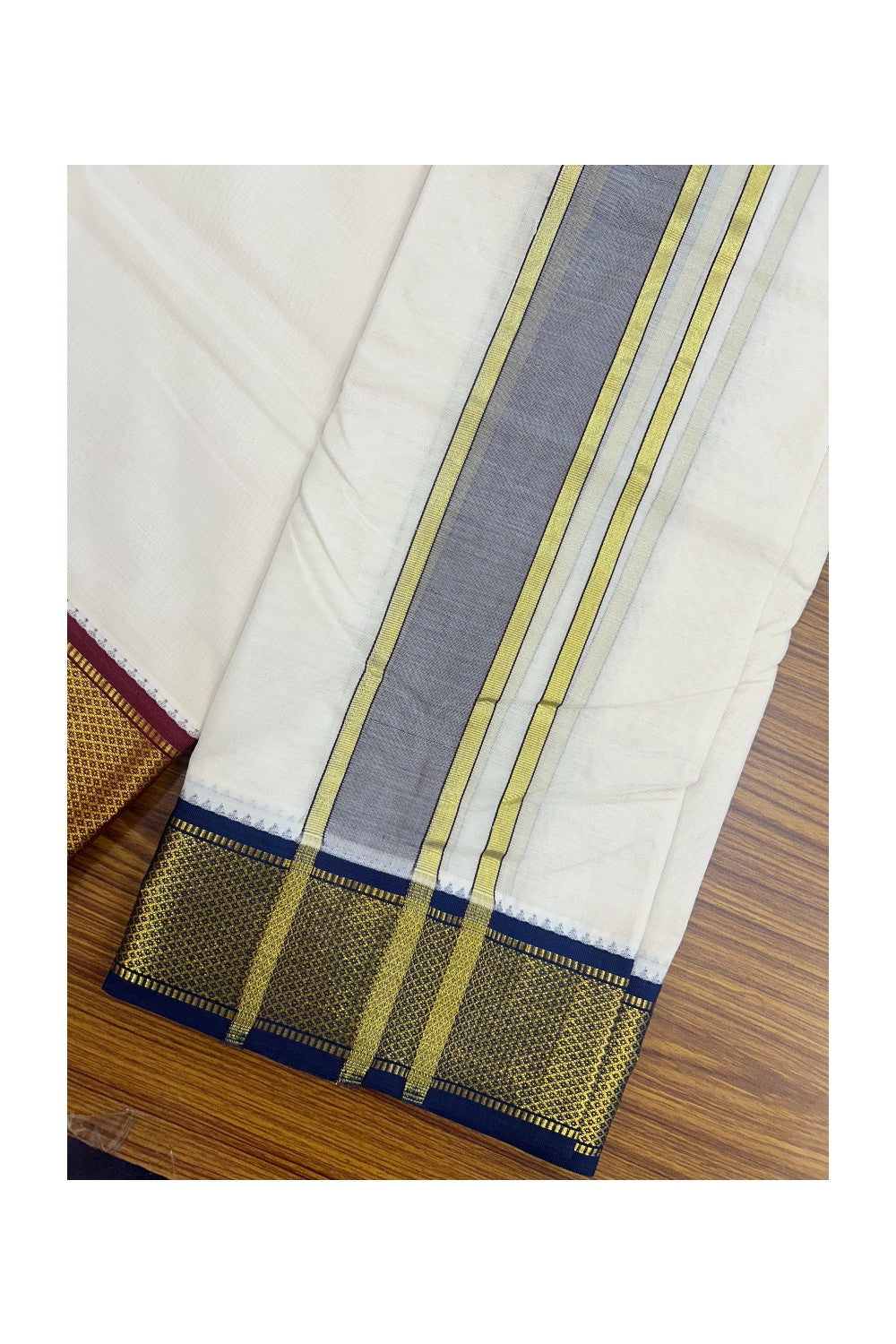 Panchakacham Dhoti - 20% DISCOUNT! KaithariKada 100% Cotton Off White - (Unbleached) 100x100 thread - NORTH INDIAN- ATTACHED GAMCHA 9X5 Dhoti 2.5 inch Dark Brown kara with Navy Blue & Maroon Kasavu border - 18KK5196PMC