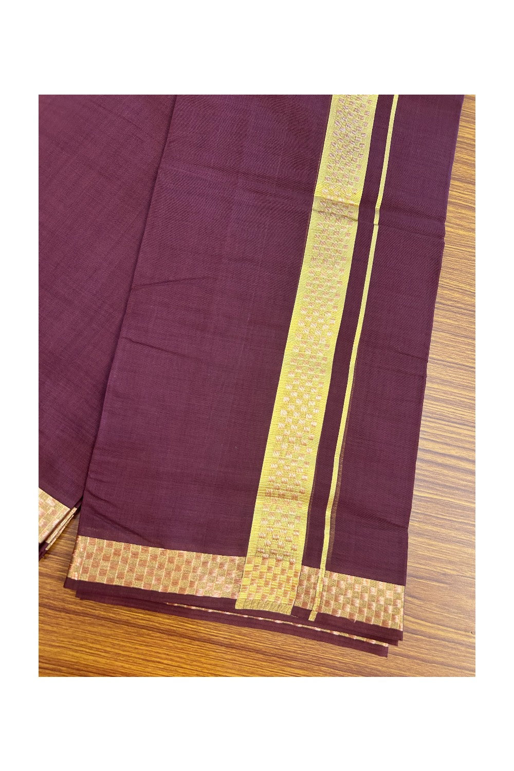 25% Discount! KaithariKada Handloom UNAKKUPAAV Balaramapuram - 100% Cotton Double Mundu/Dhoti - Wine Purple Colour Body - 1.75 inch Gold Kasavu & Copper Kasavu Jacquard Design Kara - 18KK5208ABH