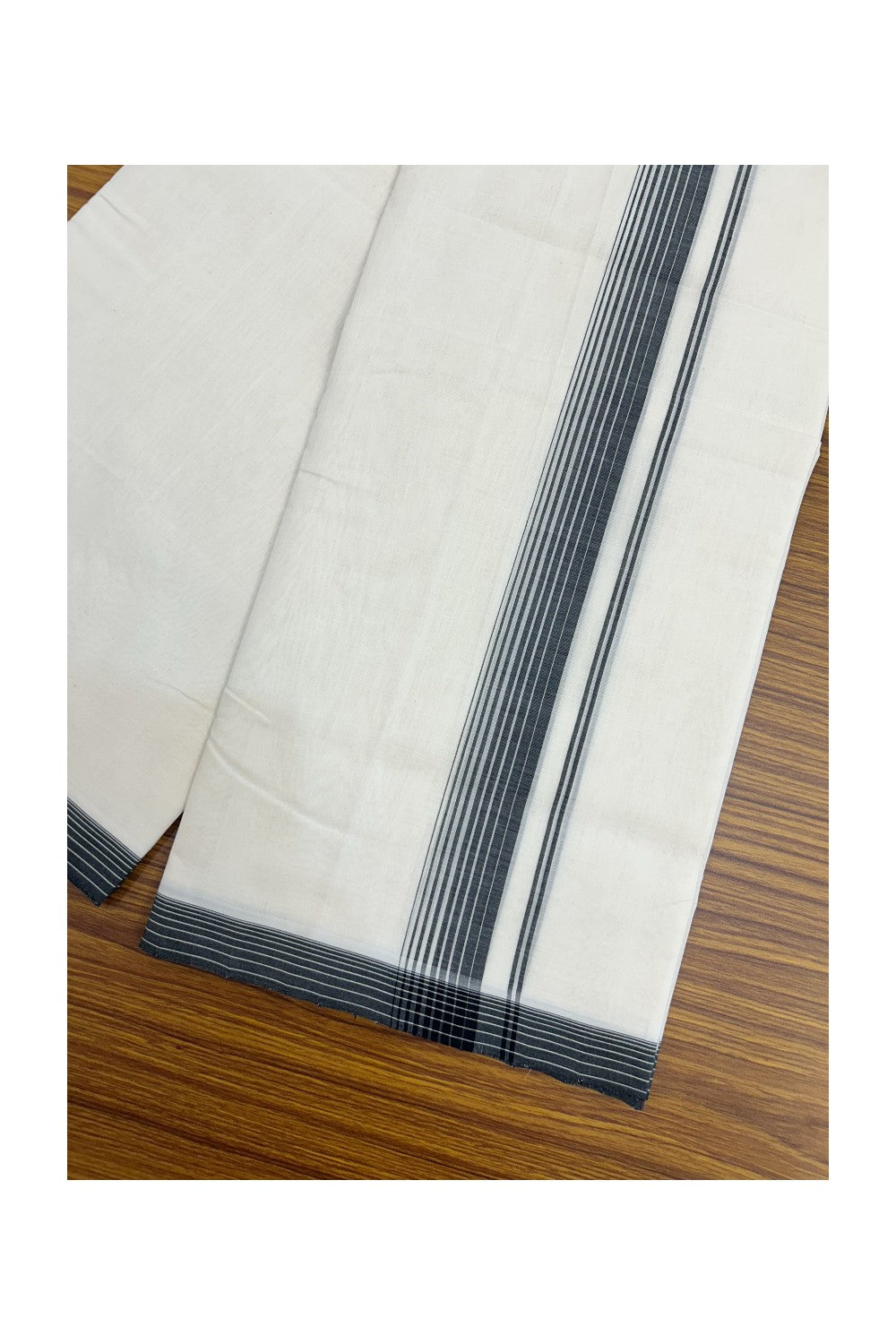 25% DISCOUNT!! KaithariKada HANDLOOM UNAKKUPAAV Balaramapuram - 100% PURE Cotton OFF White - (Unbleached) Double Mundu/Dothi - 80X100 - 1.5 inch Black Striped Kara 3.80 meter (8.5 Muzham) - 18KK5209 REA
