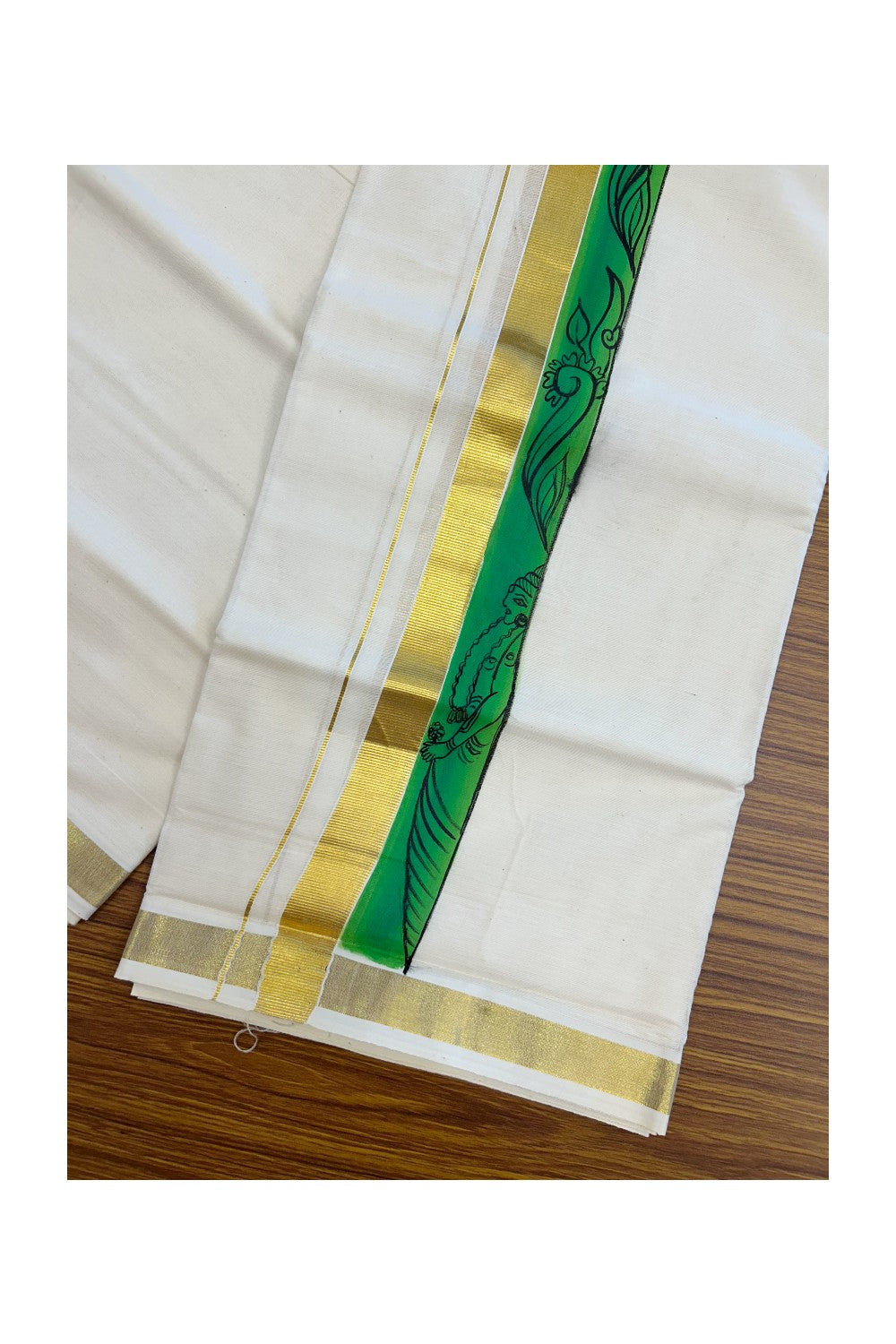 29% Discount! KaithariKada Balaramapuram 100% Cotton off white Double - (Unbleached) Mundu/Dhoti - 80x90 - Gold Kasavu HAND PAINTED Dark Green & Light Green Flower Pattern 2.25 inch Kara - 18KK5212 VIN