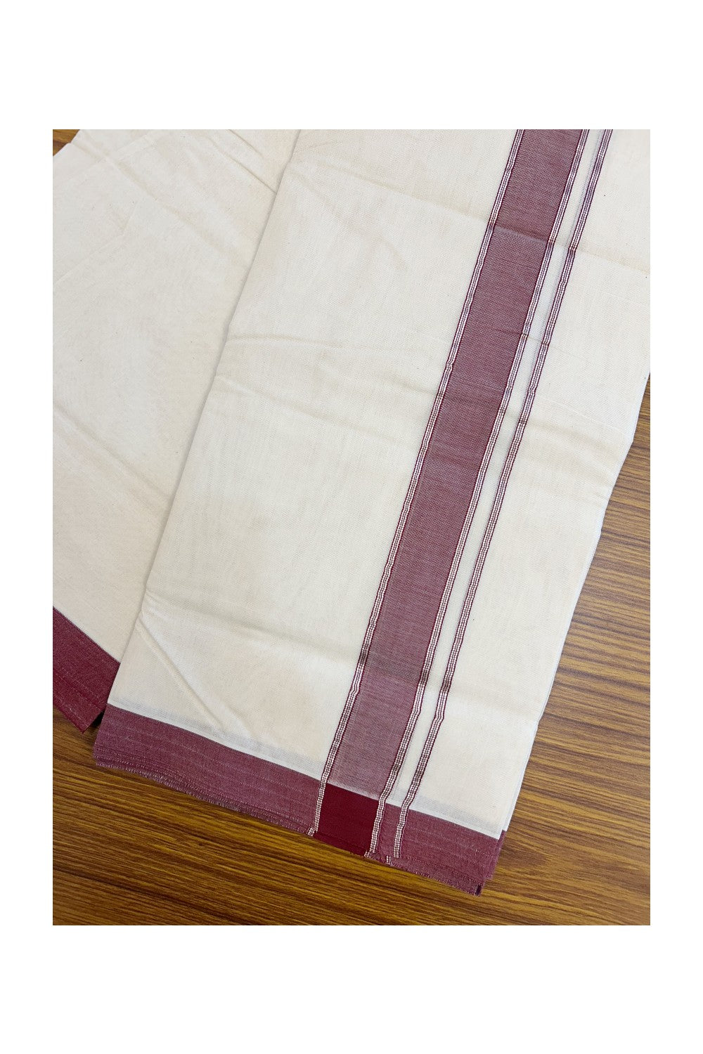 NEW !! 20% DISCOUNT!! KaithariKada Balaramapuram 100% Cotton Double Off white - (Unbleached) Mundu/Dhoti-100x80 - 1.5 inch Silver Kasavu & Maroon Shaded Striped KARA - 3.75 mtr (8 Muzham) - 18KK5218 ASH