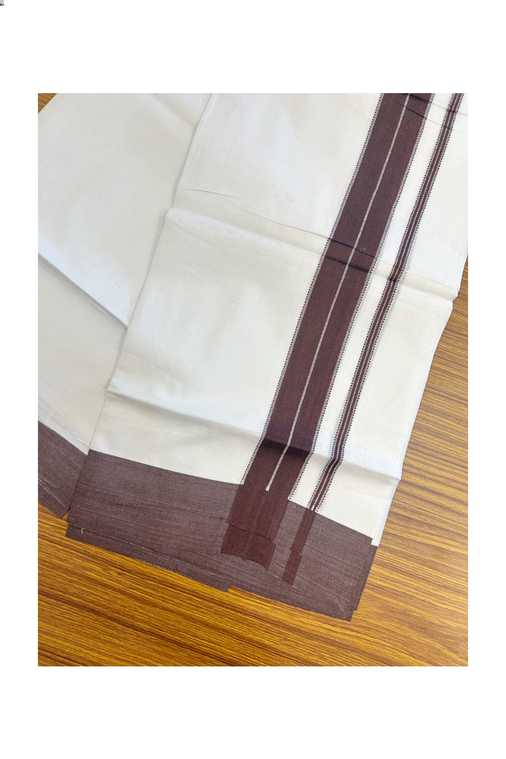 20% DISCOUNT! KaithariKada Balaramapuram 100% Cotton Double Pure white Mundu/Dhoti- 100x80 - 1.75 inch Brown Striped Kara - 3.76mtr ( 8 muzham) - 18KK5227 PMC