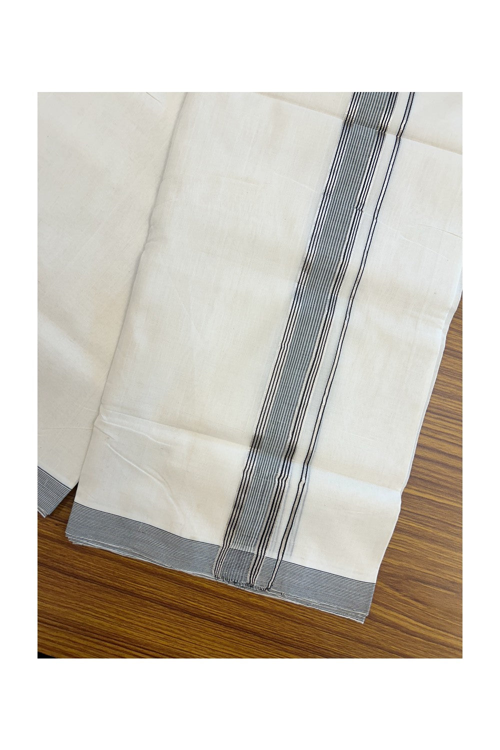25% Discount!!! KaithariKada HANDLOOM UNAKKUPAAV Balaramapuram - 100% PURE Cotton OFF WHITE (Unbleached) Double Mundu/Dhoti - 80x90 - 1.25 inch Silver kasavu Black & White striped kara 4 Mtr (8.5 Muzham) - 18KK5235 YAR